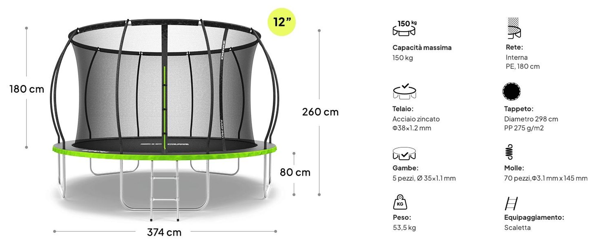 ZIPRO Trampolino Jump Pro Premium | 12FT Ø 374 cm | Trampolino da giardino Trampolino per bambini Set completo incl. rete, scaletta e copertura perimetrale, da esterno, verde