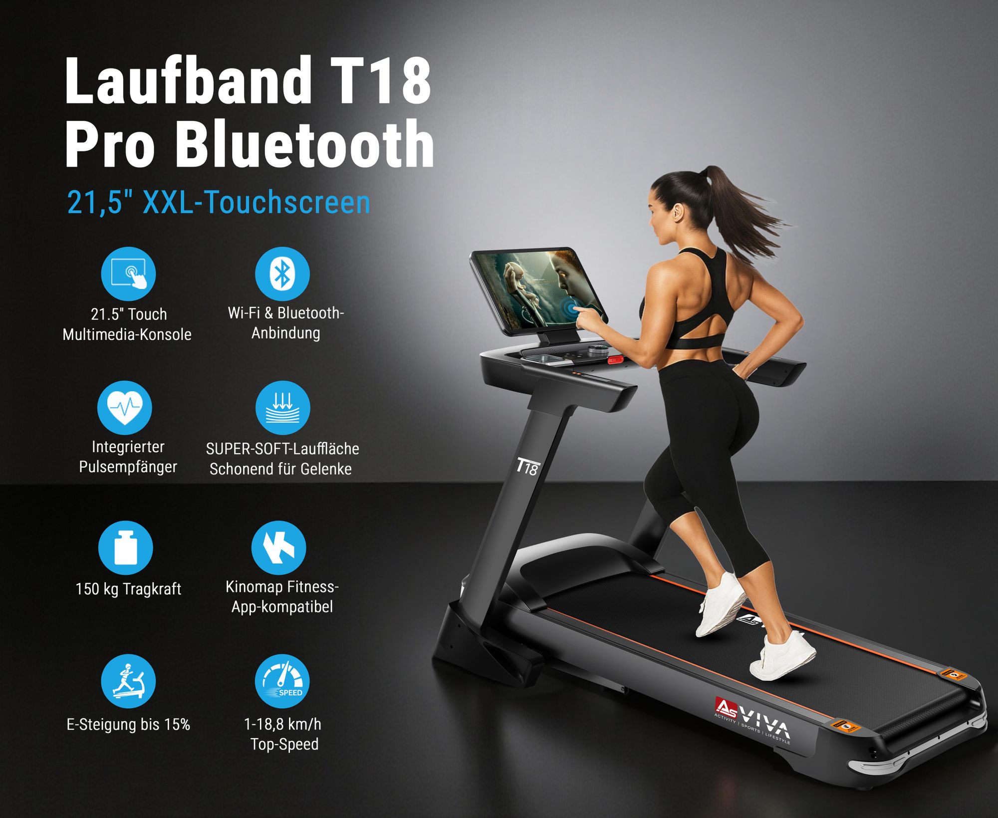 Laufband klappbar AsVIVA T18 Heimtrainer bis 20 km/h 15% Steigung mit Touchscreen Bluetooth bis 150kg für Zuhause