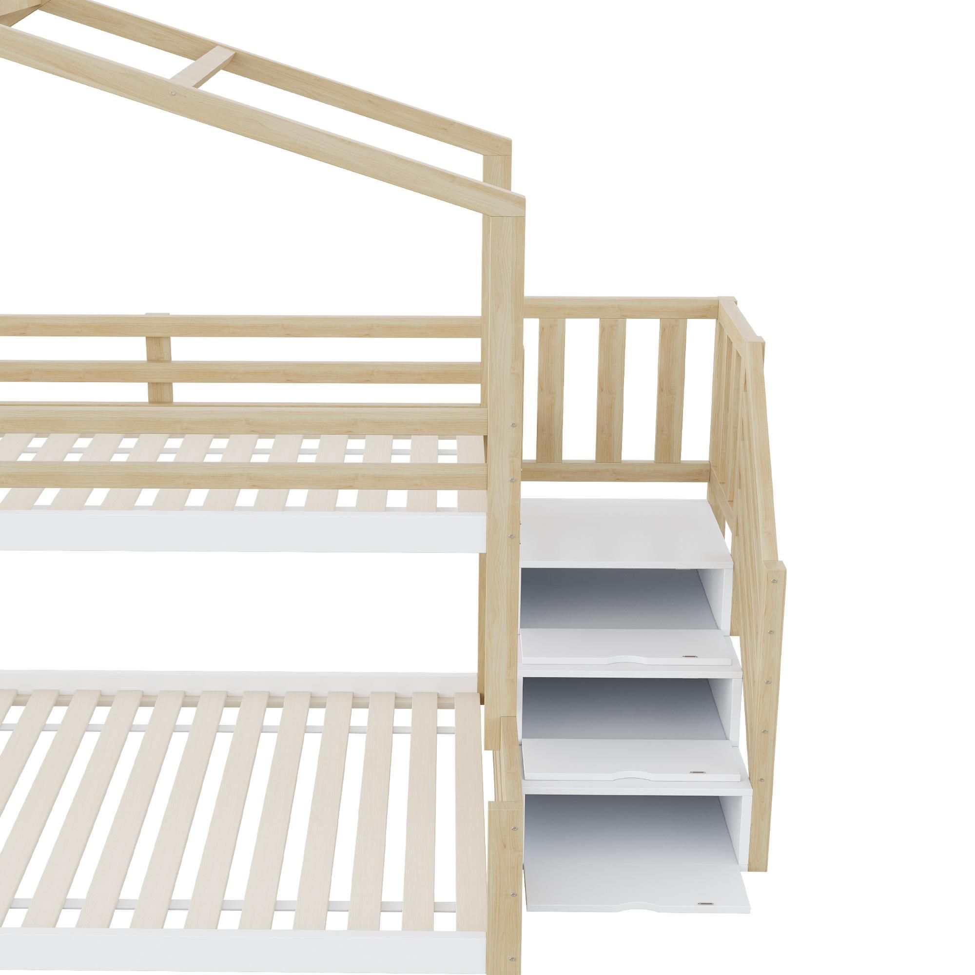 Merax Etagenbett 90x200 oben, 140x200 unten, Stockbett mit Fenster, Lagerleiter, Geländer, Kiefernholz Kinderbett, Jugendbett, Hochbett, Natur+Weiß