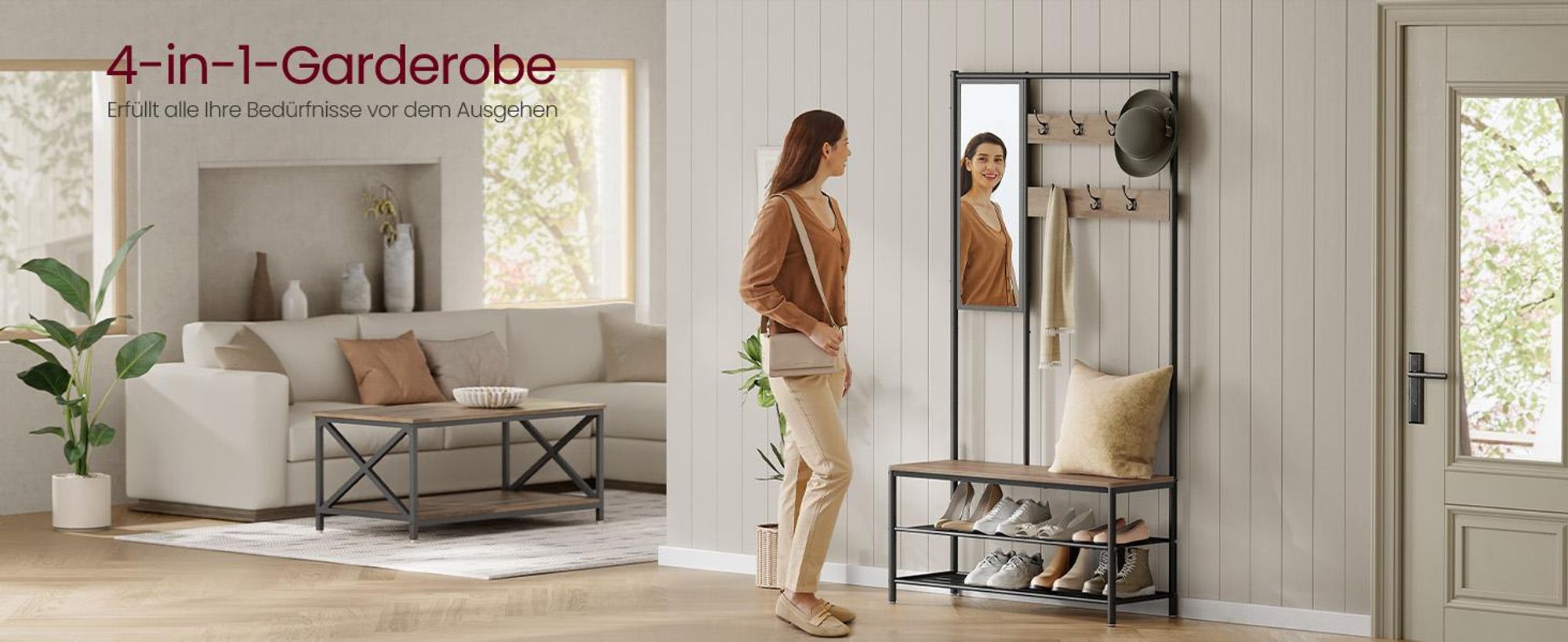 VASAGLE Kleiderständer, Garderobe,mit Haken, Spiegel, Sitzbank, 35 x 98 x 180 cm