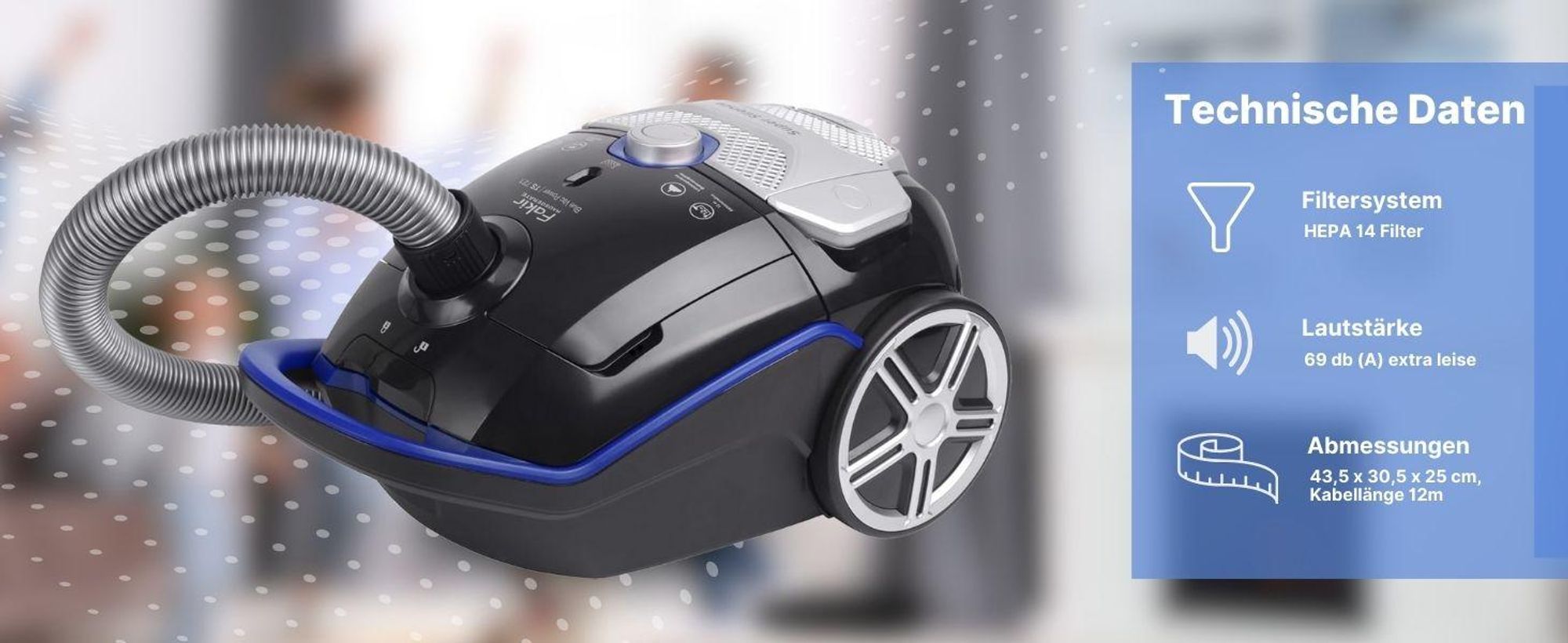Fakir Blue Vac Power Staubsauger mit Beutel, 800 Watt Leistungsstark, Allergiker freundlicher HEPA 14 Filter, 12m Aktionsradius, 800Watt, extra leise