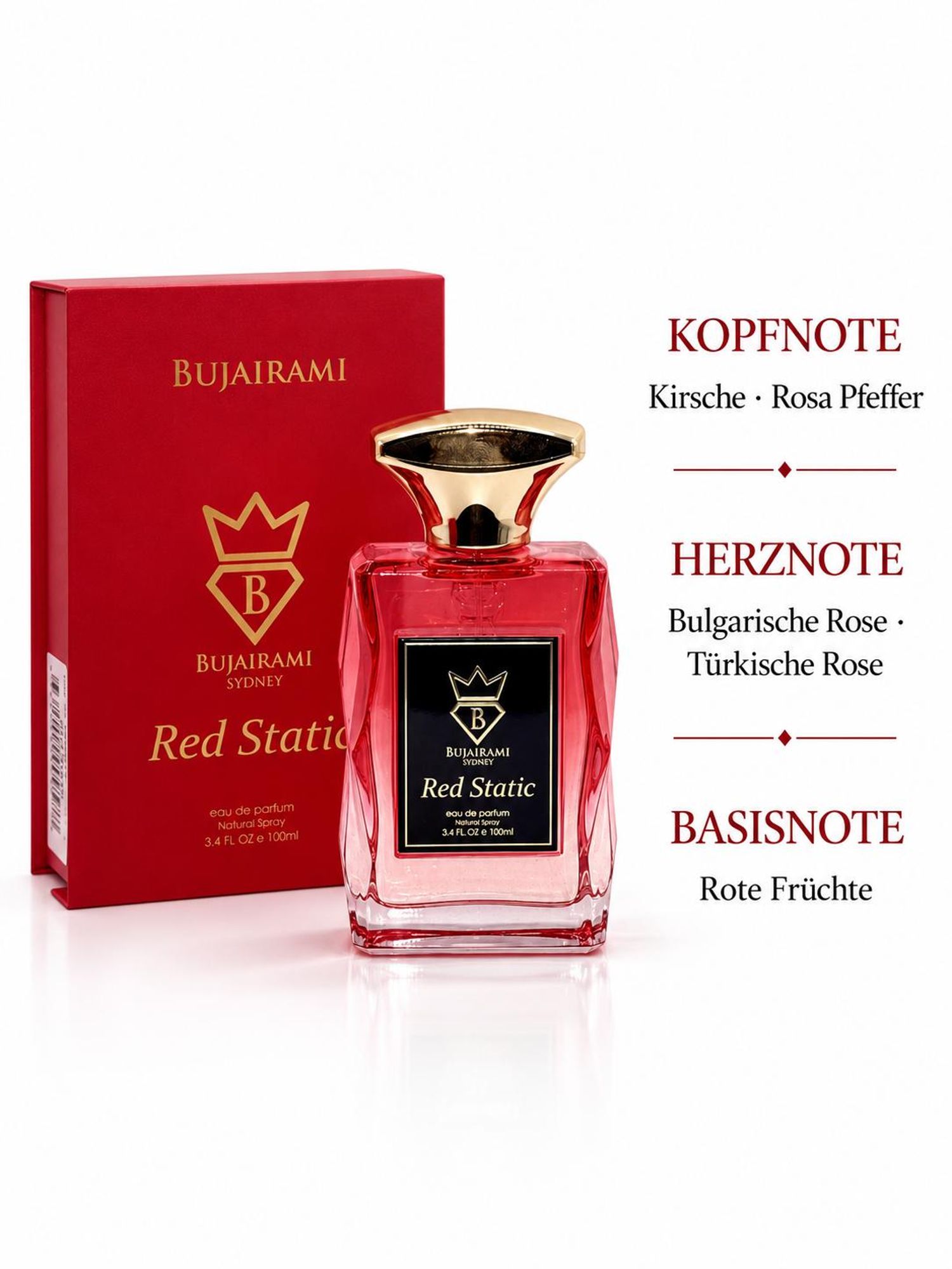 Bujairami Red Static Eau de Parfum 100 ml – Unisex Parfum – Fruchtig-floraler Duft