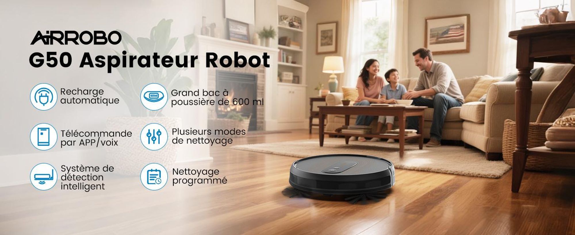 Robot aspirateur AIRROBO G50, puissance d'aspiration de 4 000 Pa,via application, autonomie de 120 minutes, grand bac à poussière de 600 ml, robot aspirateur optimisé pour les tapis et les poils d'animaux