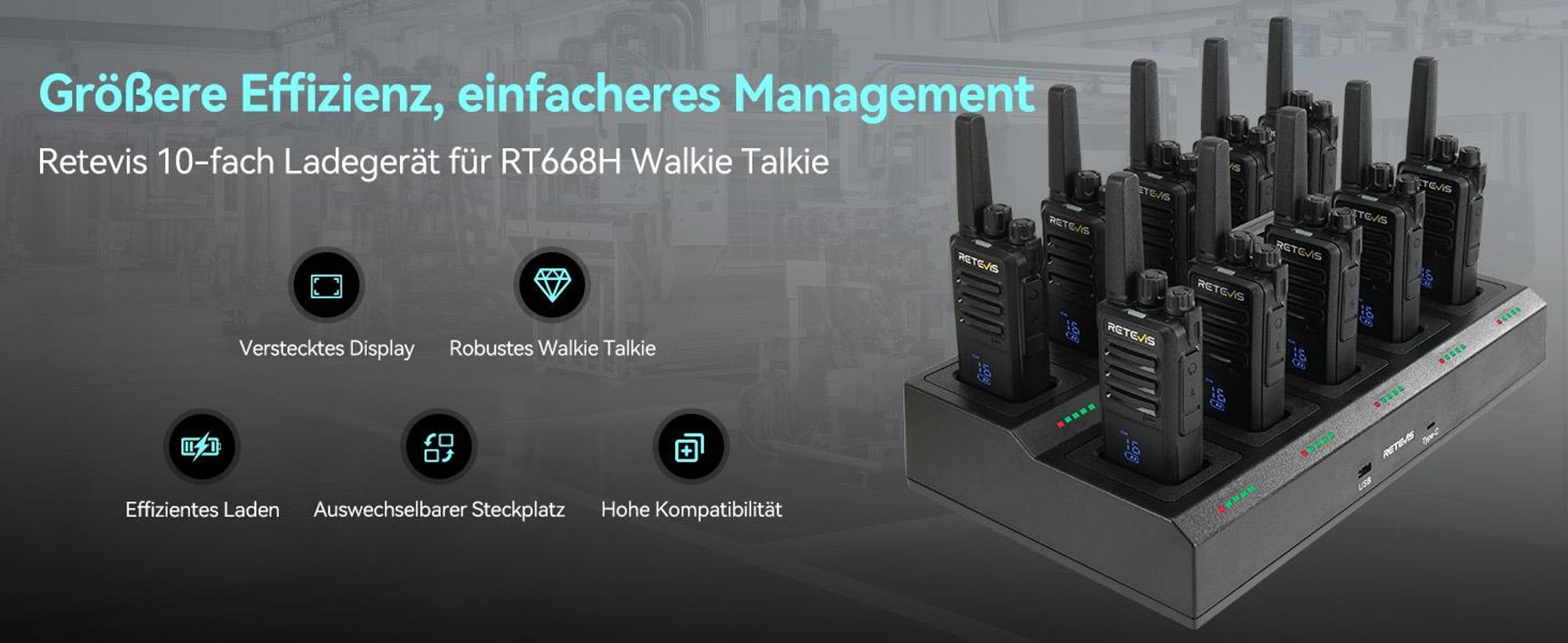 Retevis RT668H Funkgeräte, Walkie Talkie mit 10-in-1 Ladegerät, funkgeräte Set mit Bildschirm, Lizenzfrei PMR Funkgerät mit Headset