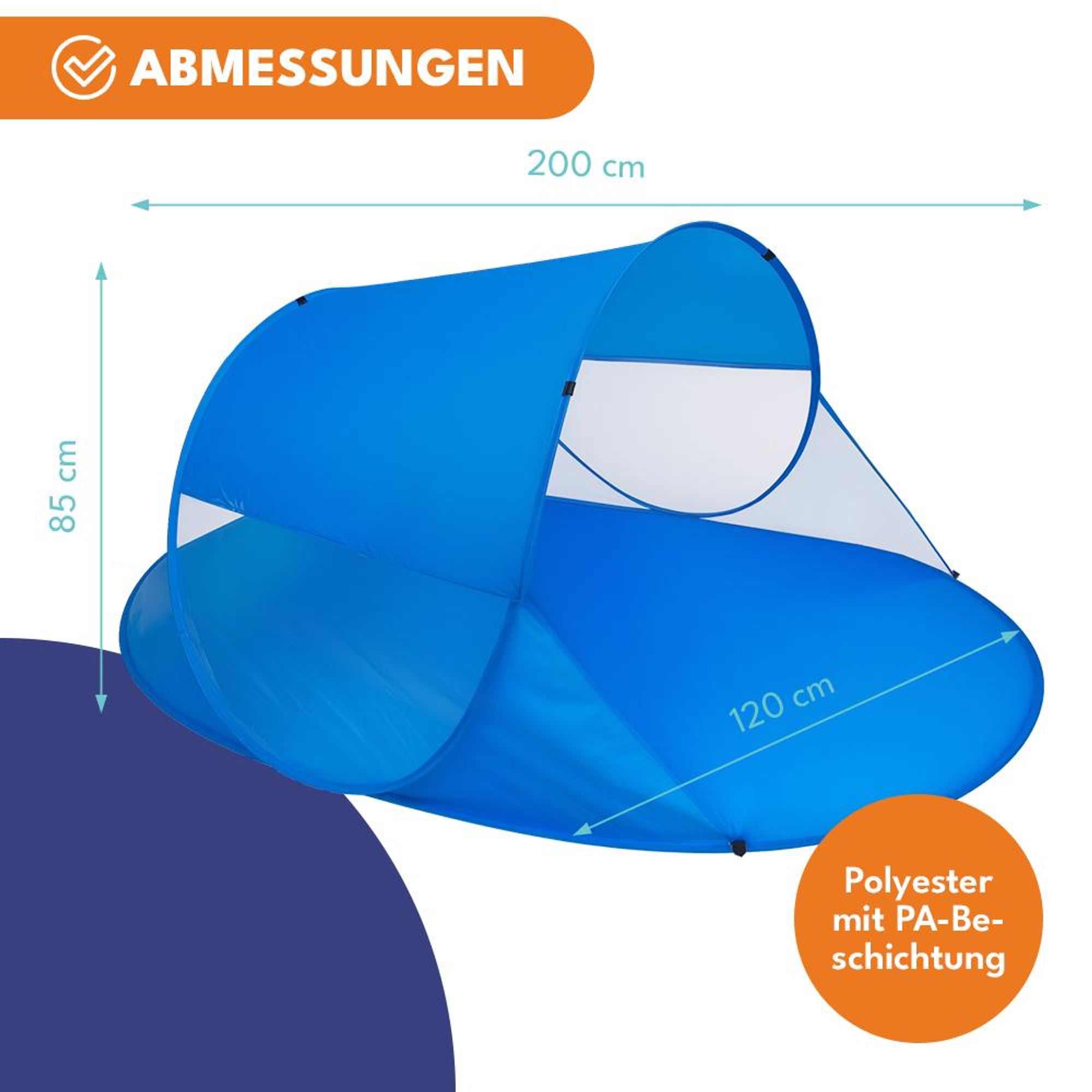 KRUMAD Strandmuschel Pop Up  200 x 120 x 85 cm, Großes Strandzelt für Baby und Erwachsene, Selbstaufbauendes Wurfzelt mit UV 50+ Sonnenschutz