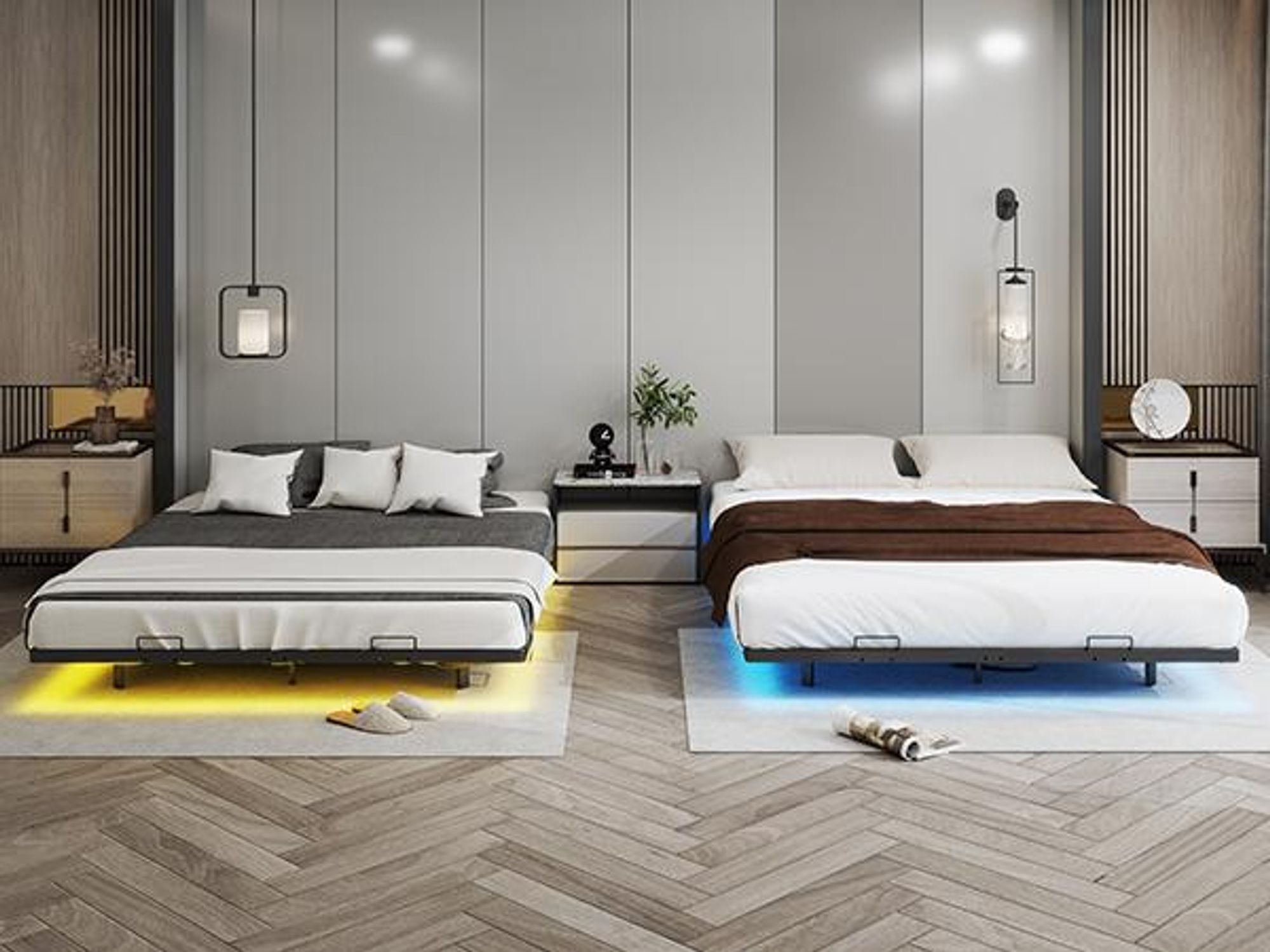 COMHOMA Bettrahmen Metallbett Gästebett Bettgestell aus Metall, mit LED & Steckdosen, Jugendbett 160x200, App & Fernbedienung, stabile Konstruktion