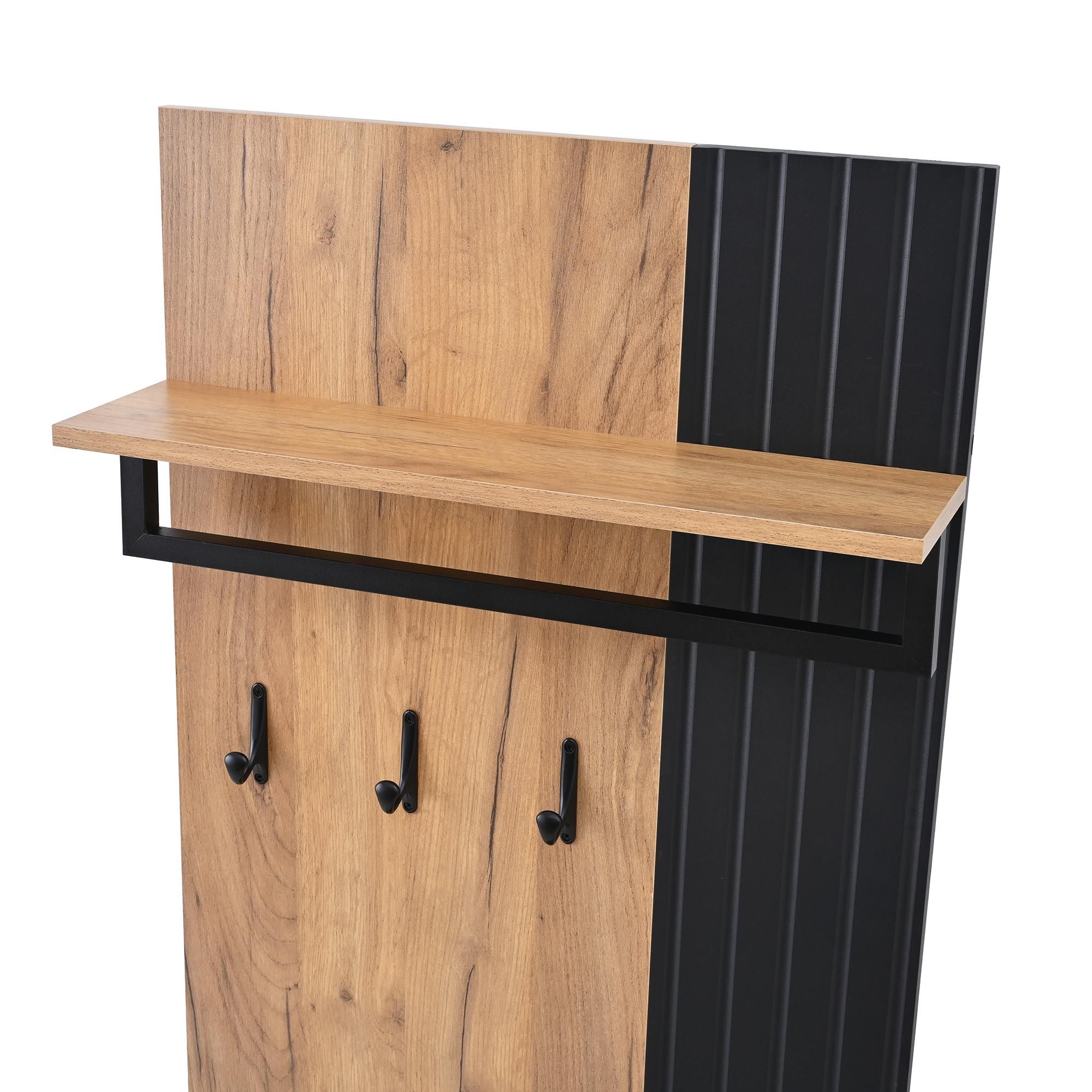 Merax Garderobenset 2-teilig, Wandgarderobe mit 3 Haken und Schuhschrank mit Kissen Sitzbank, Garderobenbank, Flurmöbel, Schwarz + Natur