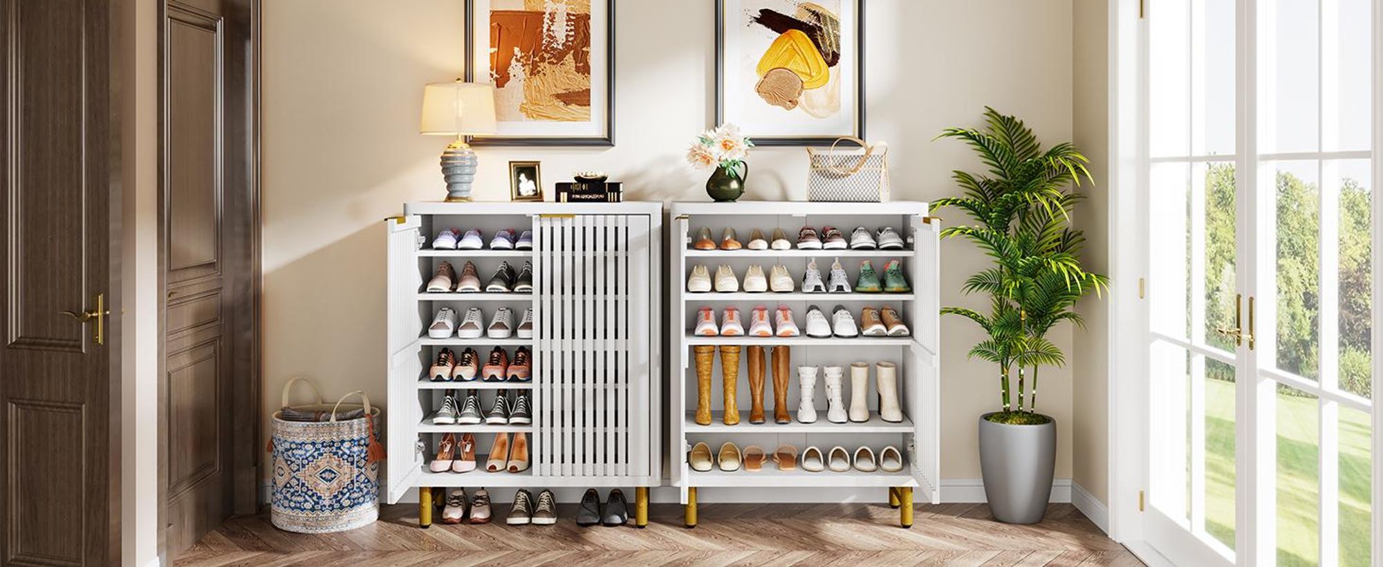 Tribesigns 6-stöckiger Schuhschrank, mit Lamellentüren, Schuhregal aus Holz mit verstellbaren Regalböden, für Eingangsbereich und Flur, Weiß & Gold