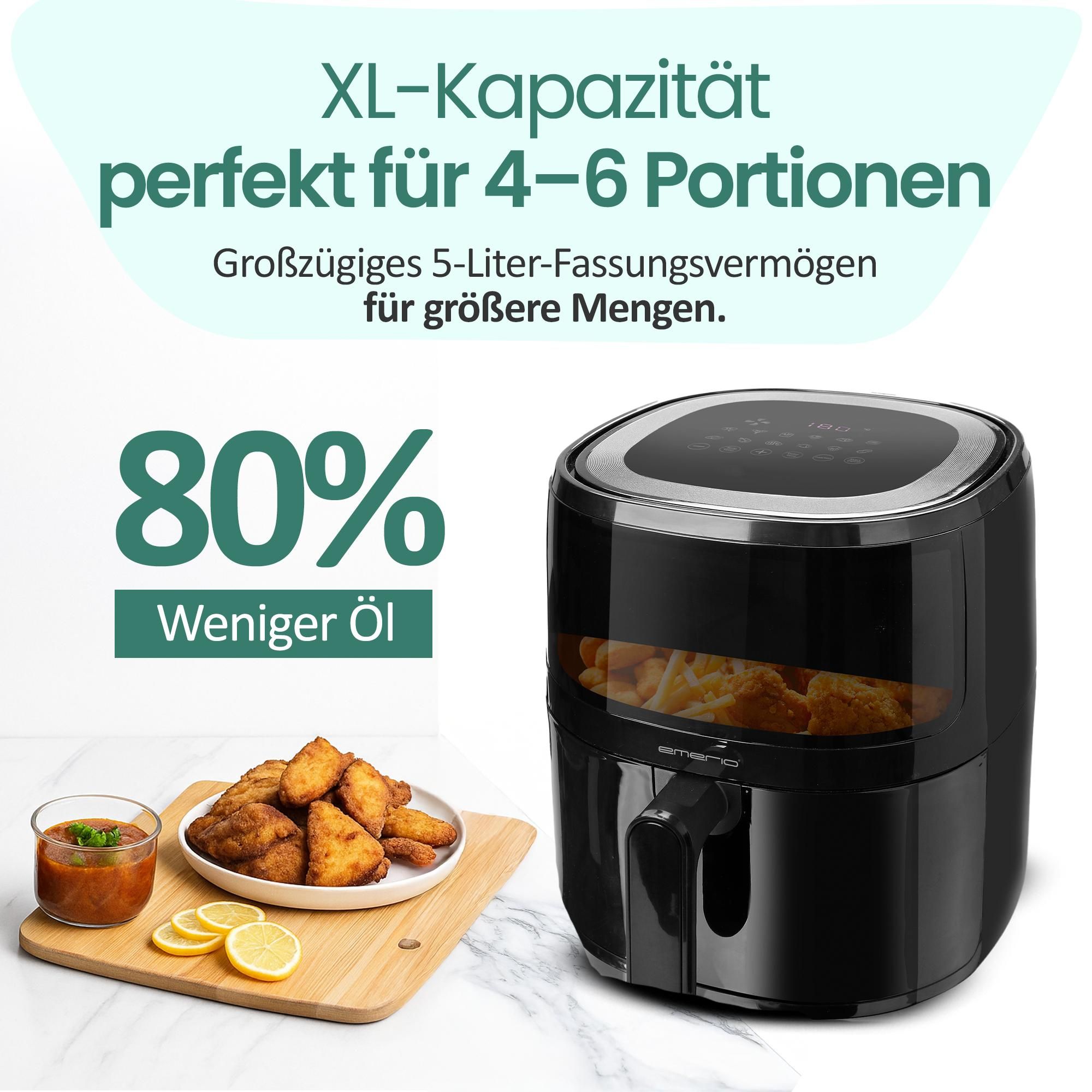 Emerio Airfryer XL AF-129329.3 - 5L - 80ºC bis 200ºC -12 Kochprogramme - Digitales Display - Timer - Sichtfenster - Cool Touch -  Schwarz