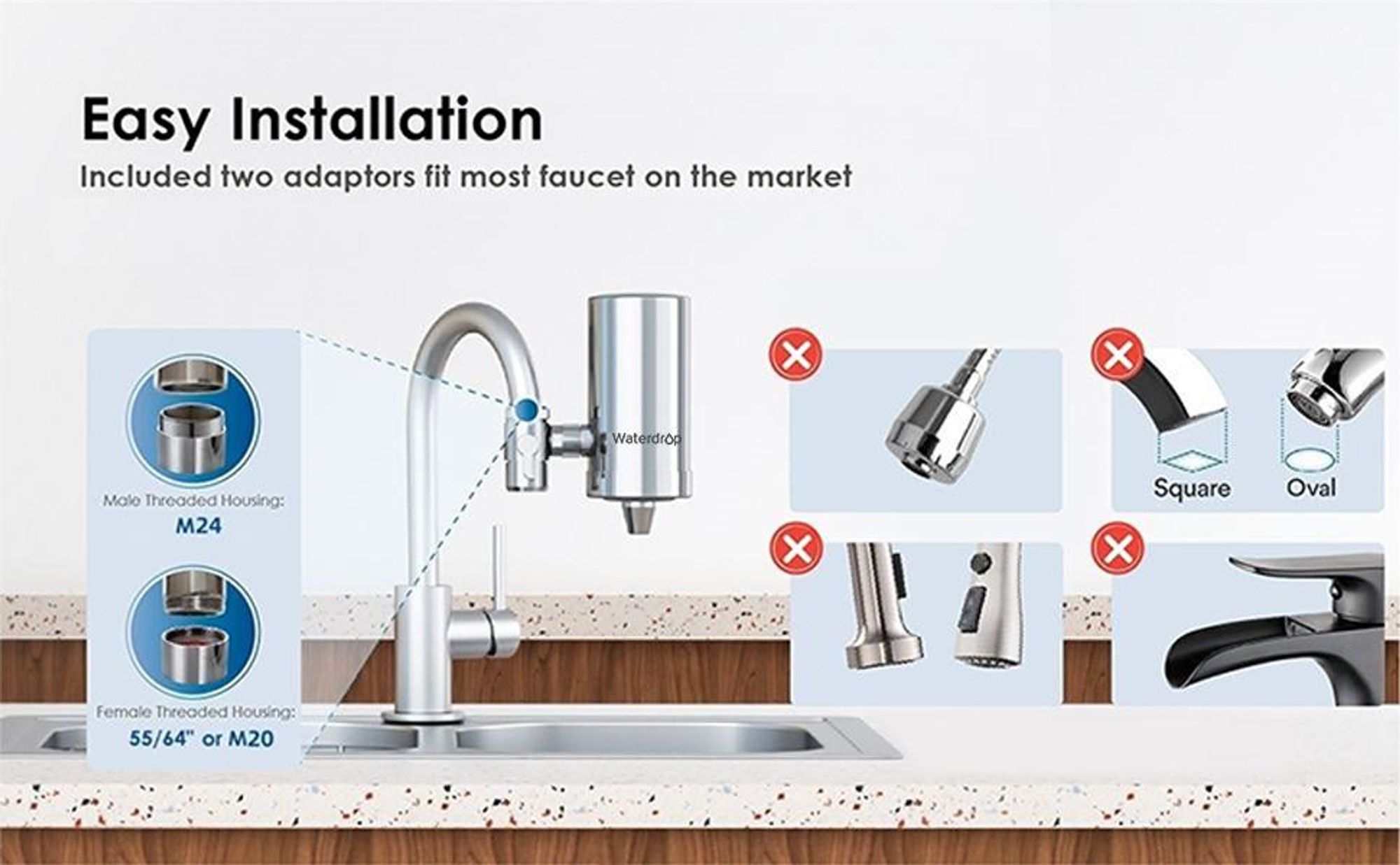 Waterdrop WD-FC-06 Wasserhahn aus Rostfreiem Stahl, Kohleblock Wasserfiltersystem, Leitungswasserfilter, Entfernt Chlor (4 Filter Enthalten)