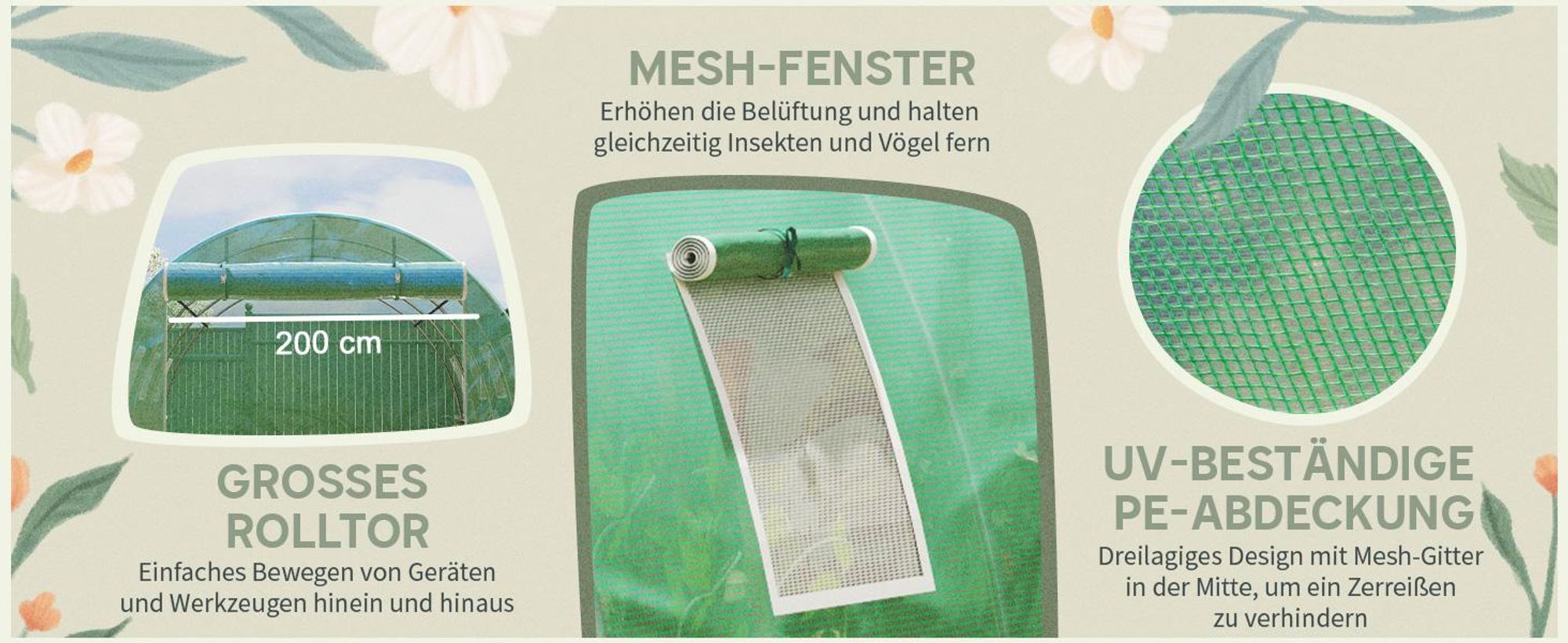 Outsunny Gewächshausfolie 3 x 4 m, wasserdicht Polyethylenfolie mit Rolltür