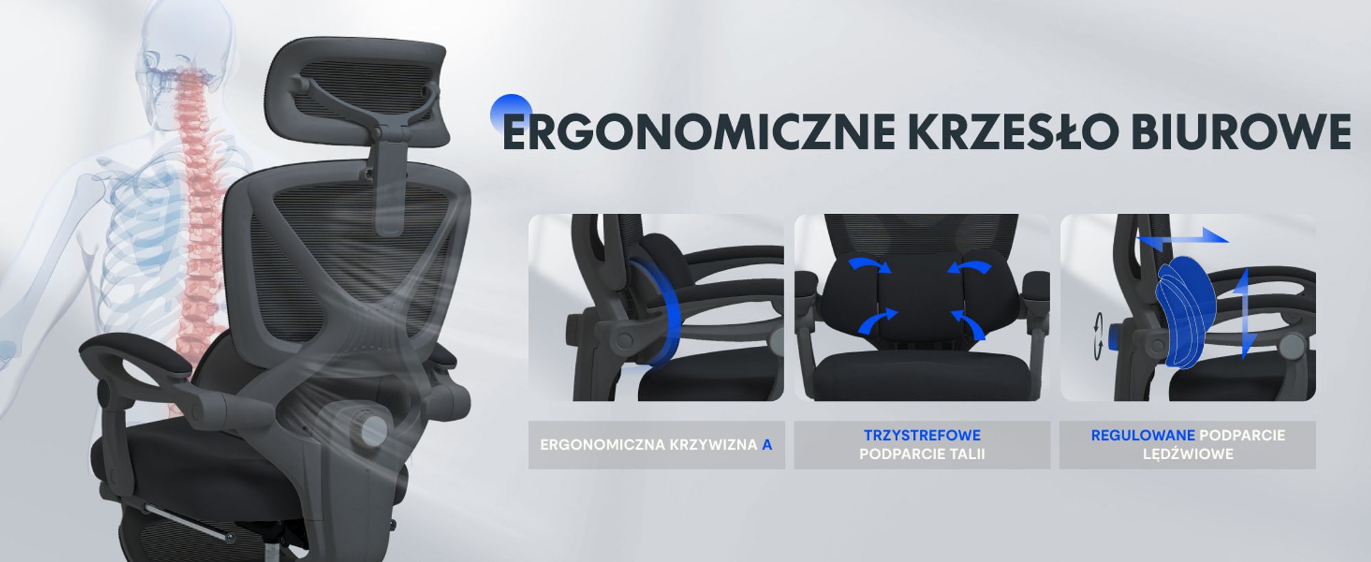 Ergonomiczne krzesło biurowe FLEXISPOT z zagłówkiem 3D, regulowanym podparciem lędźwi, funkcją bujania 90-135°, łączonymi podłokietnikami, podnóżkiem, 136 kg, czarne