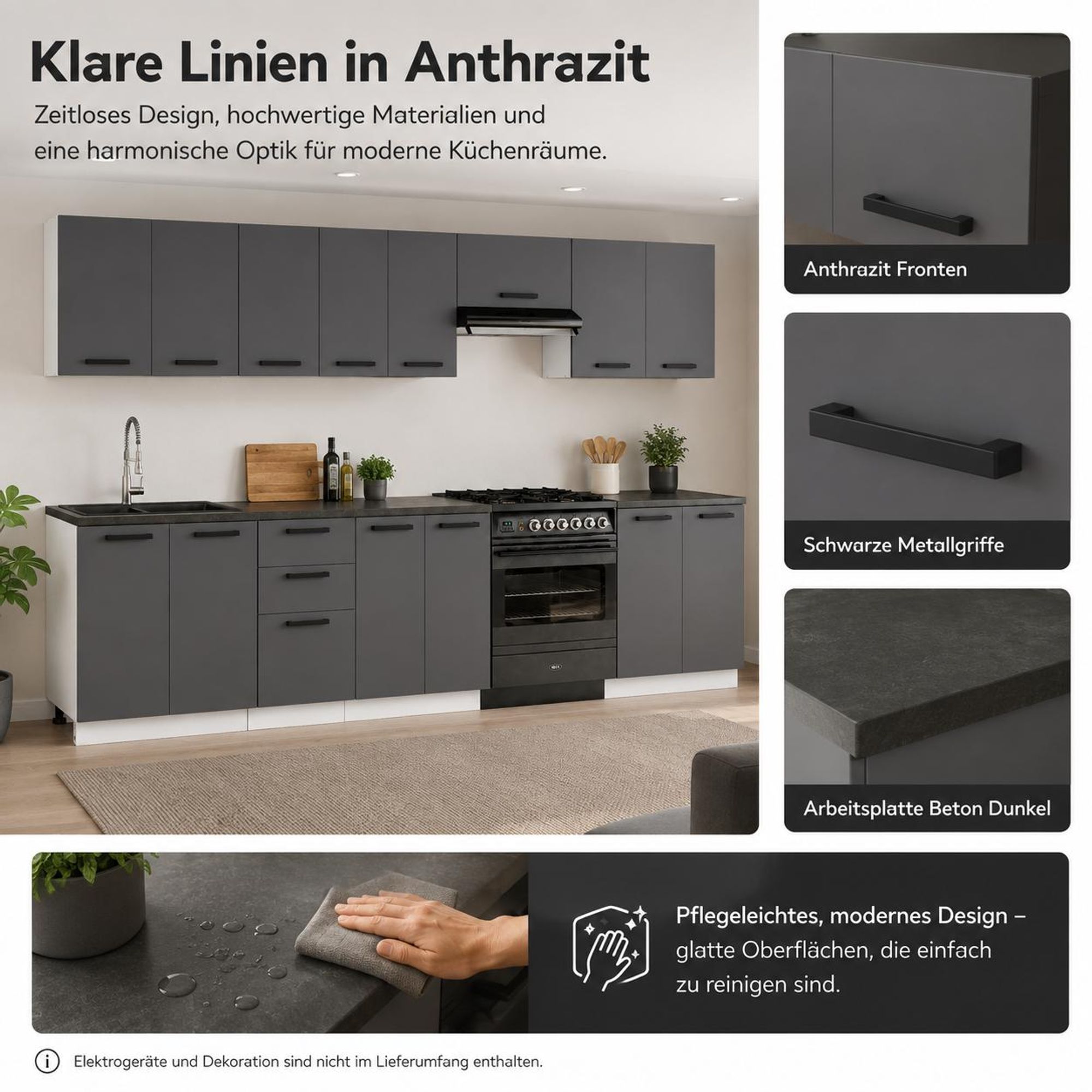 Küchenzeile 320 cm Anthrazit Fronten & Arbeitsplatte Beton Dunkel