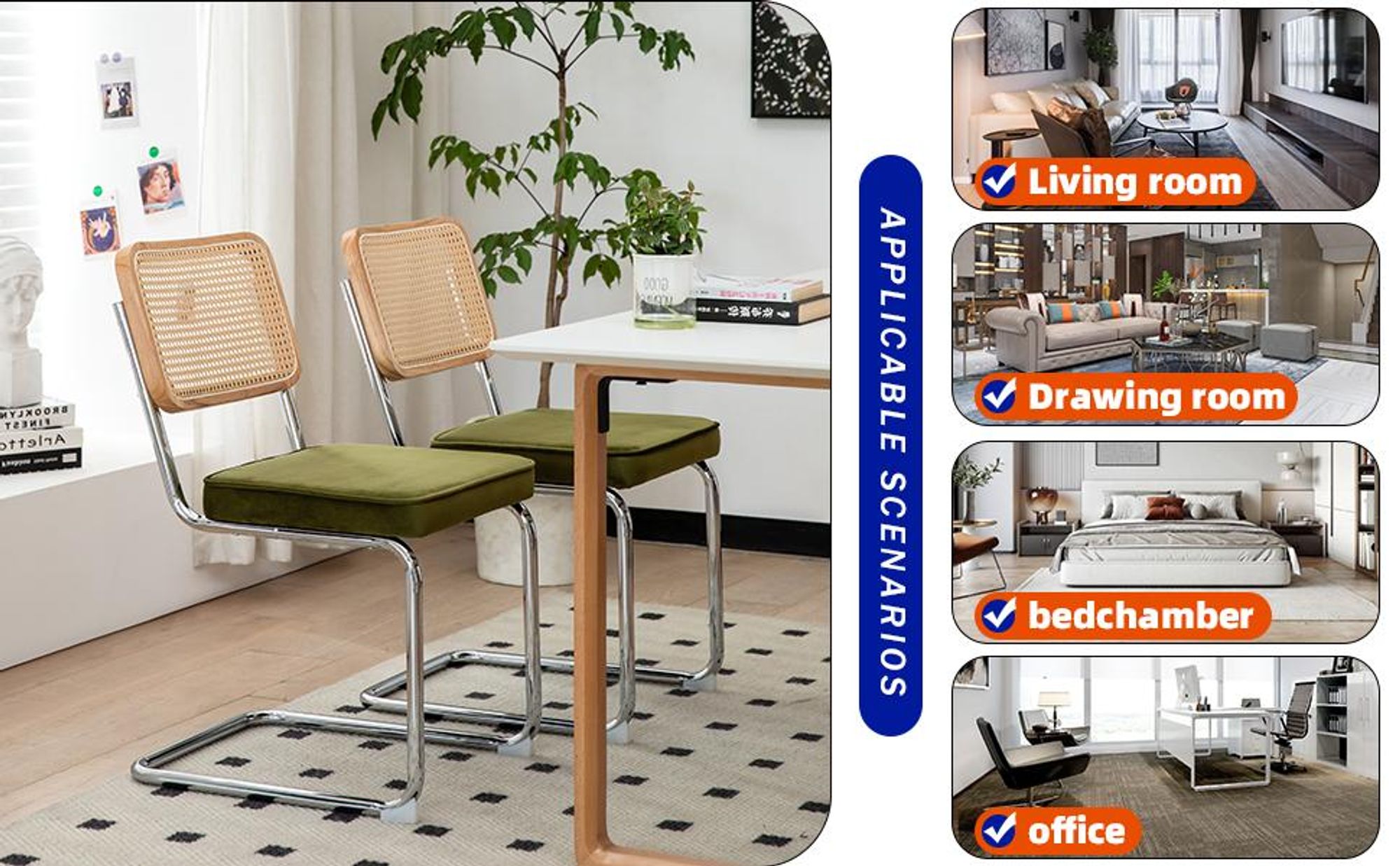 LVHOM 2er Set Freischwinger Esszimmerstuhl im Bauhaus Stil, Wiener Geflecht Rattan-Rückenlehne, Samt Polsterstuhl mit Chromgestell, Retro Design, Grün