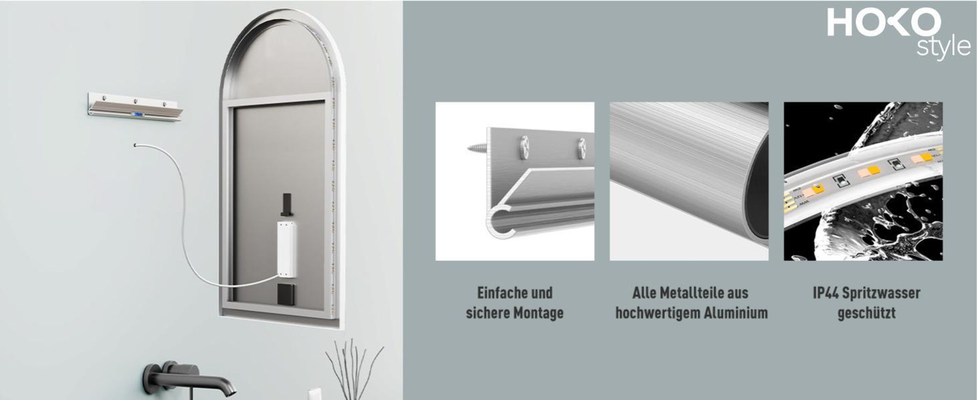 HOKO Badspiegel Bogen LED 60x100cm mit Metallrahmen, HOCH+QUER Montage,Arch Lichtspiegel+Touch Schalter+Licht Wechsel 2700-6500K, Warmweiß-Kaltweiß