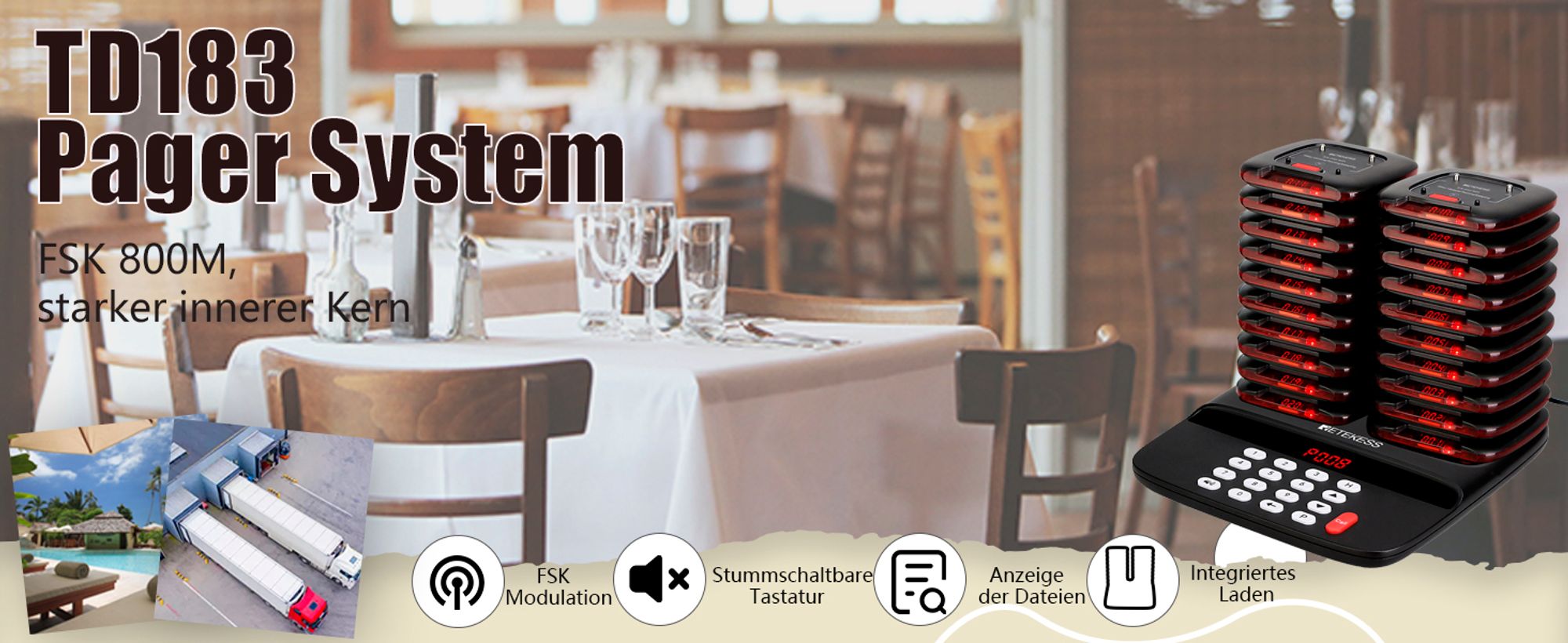 Retekess TD183 Pager Rufsystem, 20 Pagers mit Stummschalttaste, FSK 800M, 300 mAh Akku, 28h, Anrufverlaufsanfrage, für Restaurant Bar Logistik