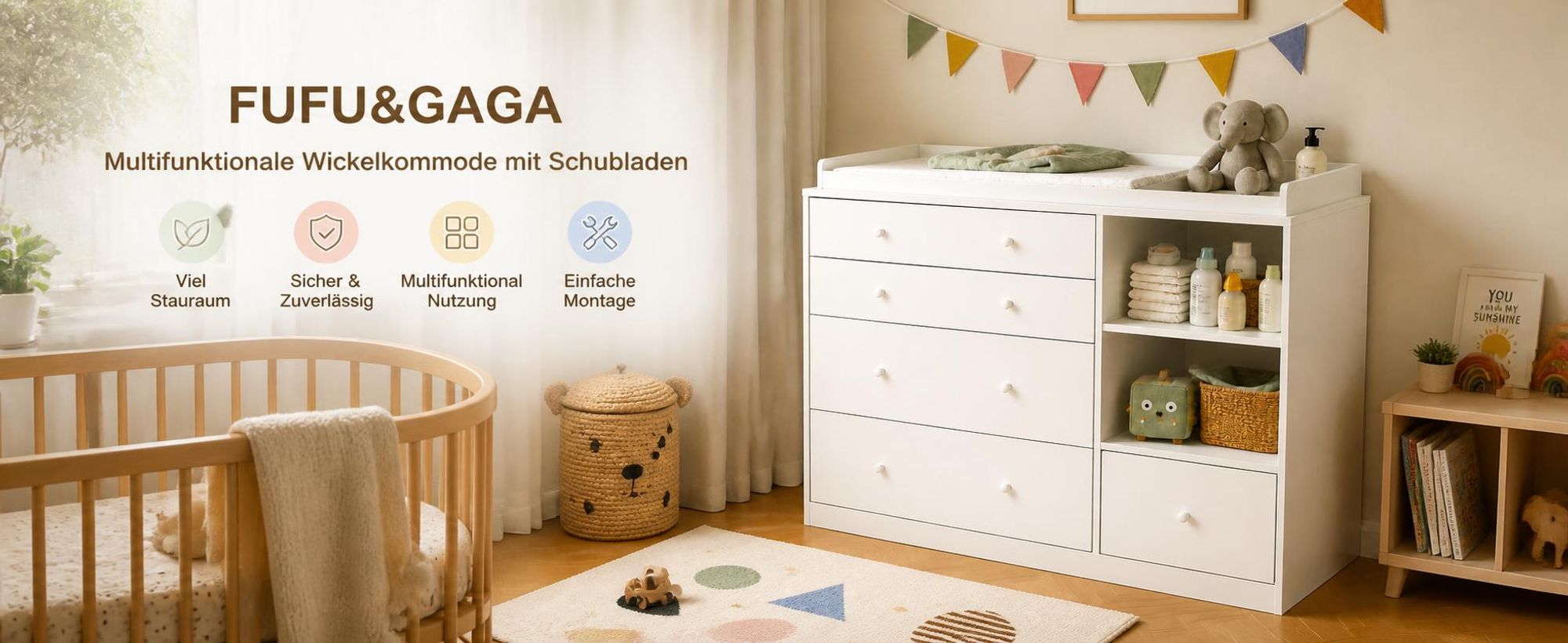 Wickelkommode Weiß 120x50x91.5cm, Wickeltisch mit 5 Schubladen & 2 offenen Fächern, Wickelkommode mit Kippschutz aus P2-MDF
