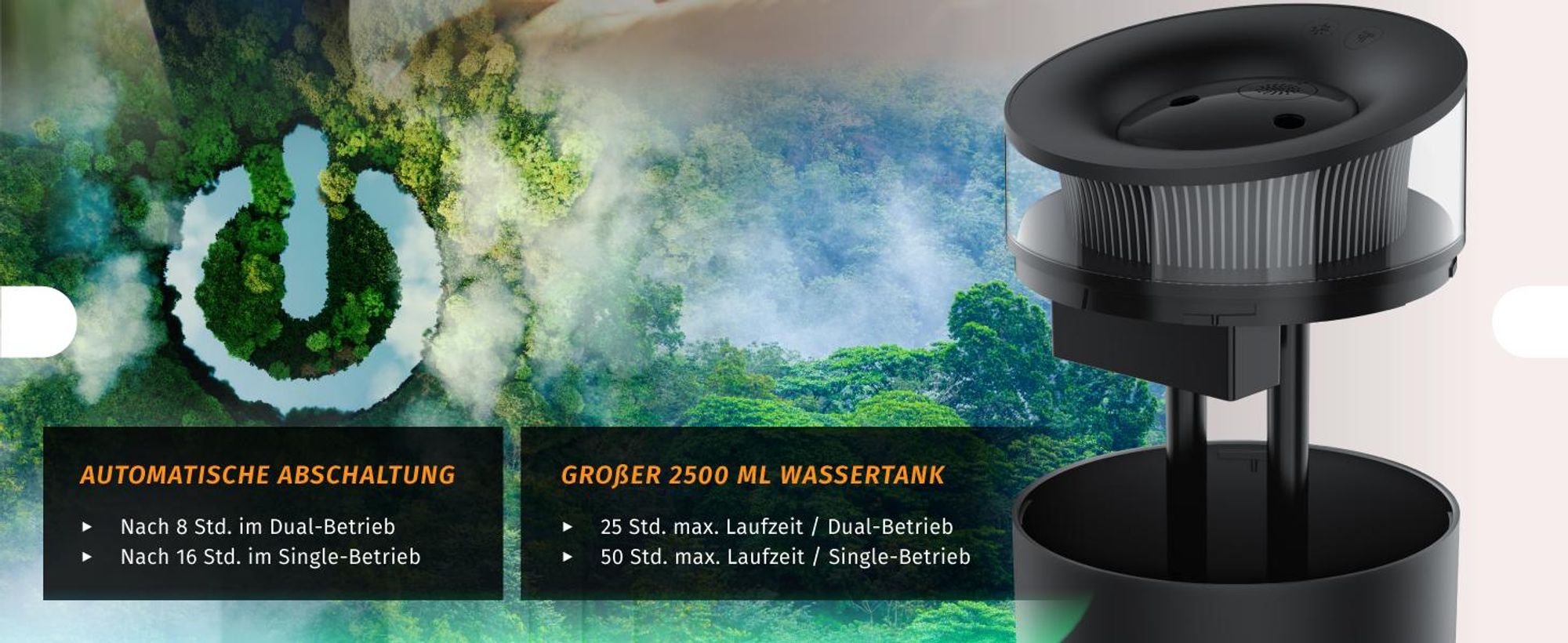 Brandson Luftbefeuchter 2,5 l mit Aroma Diffuser, Ultraschall, 2 schaltbare Nebelausgänge, bis 50 h pro Tankfüllung, 7 LED-Farben, leise unter 30 dB, USB-C, schwarz