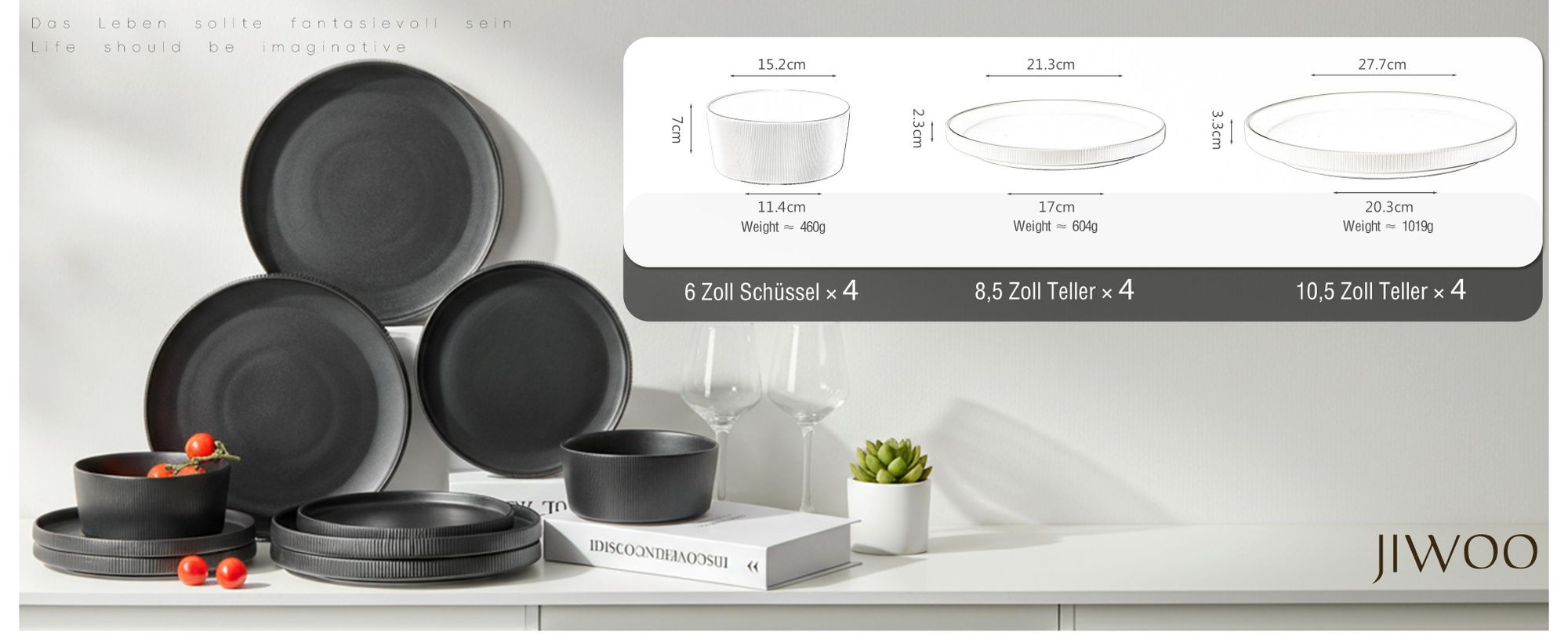 Tafelservice 12 tlg kombiservices Keramik Geschirrset mit Speiseteller,Pastateller, müslischalen für 4 personen, Mikrowellenherd, Geschirrspüler