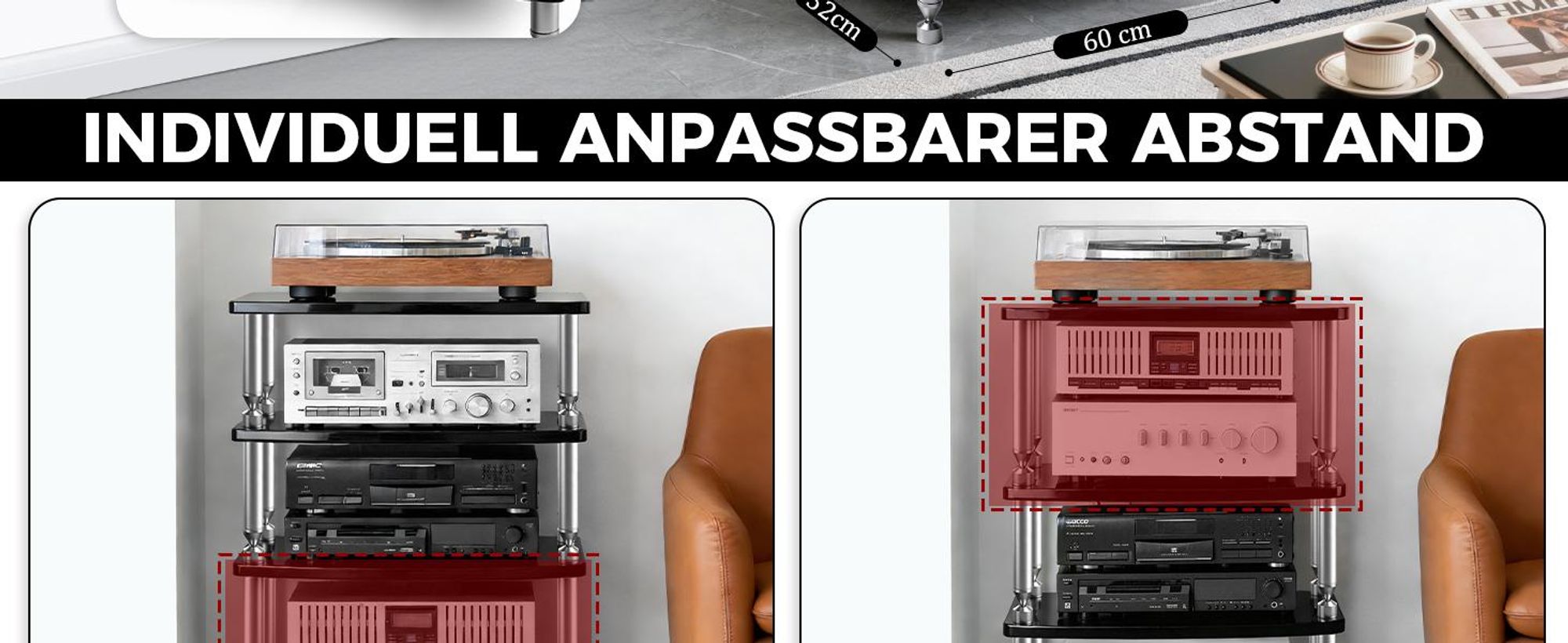 4 Etagen HiFi-Rack AV-Regal Medienregal mit Verstellbaren Fächern Phonoschrank TV-Ständer Lautsprecher-Rack für Plattenspieler Verstärker HiFi-Geräte
