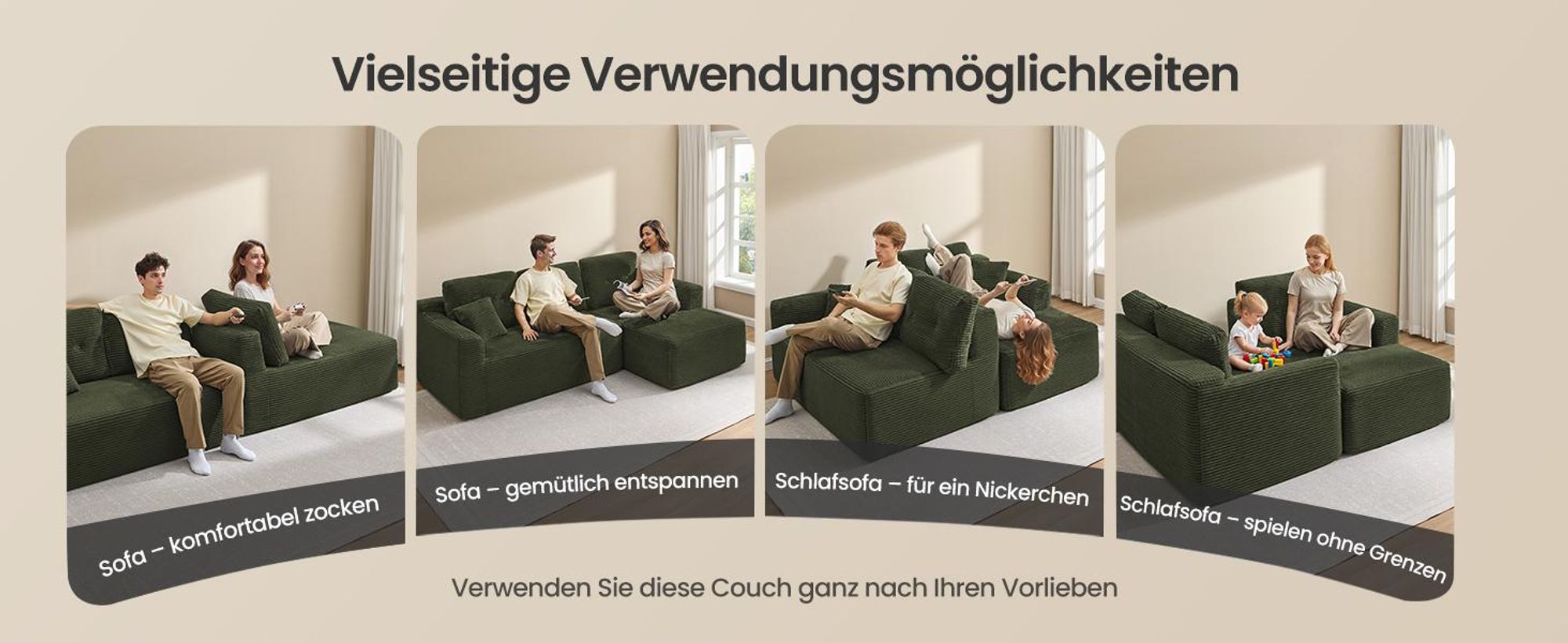 VASAGLE Modulares Sofa, Ecksofa mit Liege rechts, 242 cm breit, vakuumverpackt, keine Montage erforderlich, Waldgrün