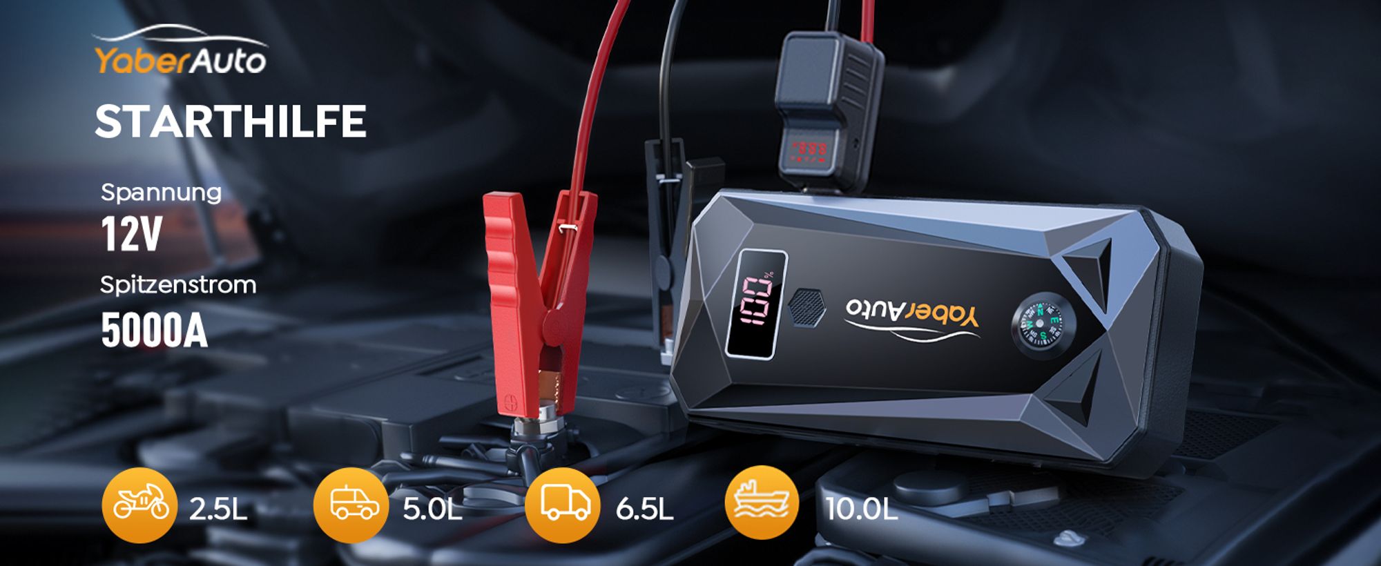 YaberAuto Starthilfe Powerbank 5000A Spitzenstrom 26800mAh Auto Starthilfe mit LCD-Display(Für alle Benzinmotor oder 10,0L Dieselmotoren)