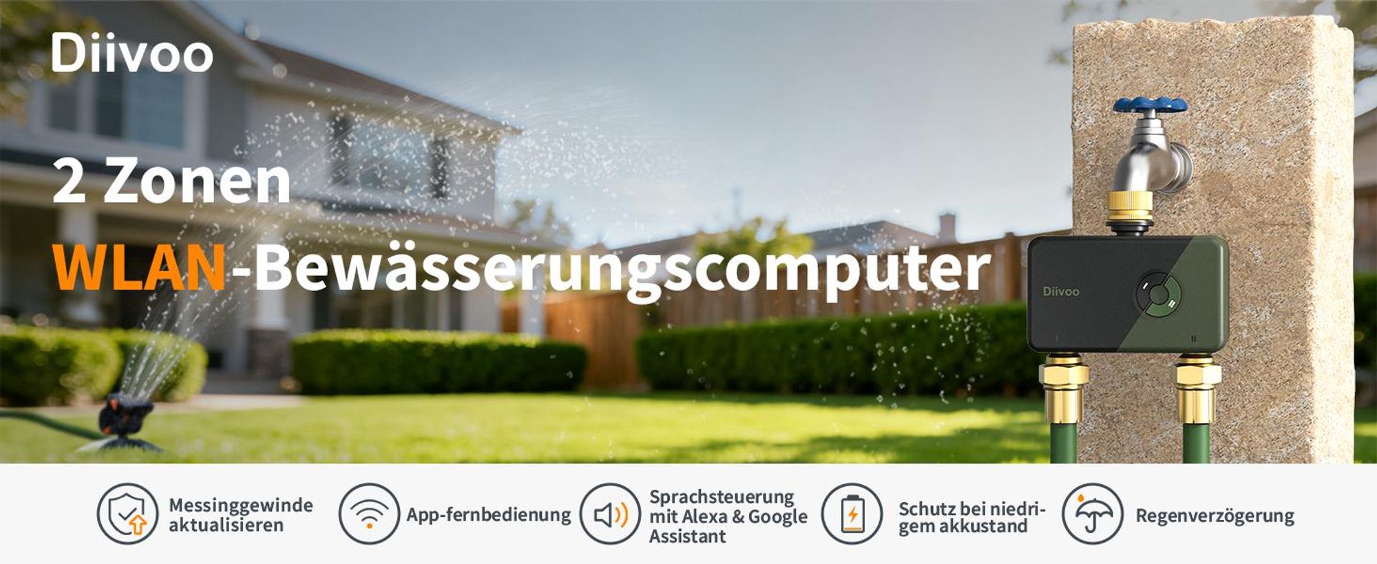 Diivoo WLAN Bewässerungscomputer mit 2 Ausgängen Smarte Bewässerungsuhr für Garten