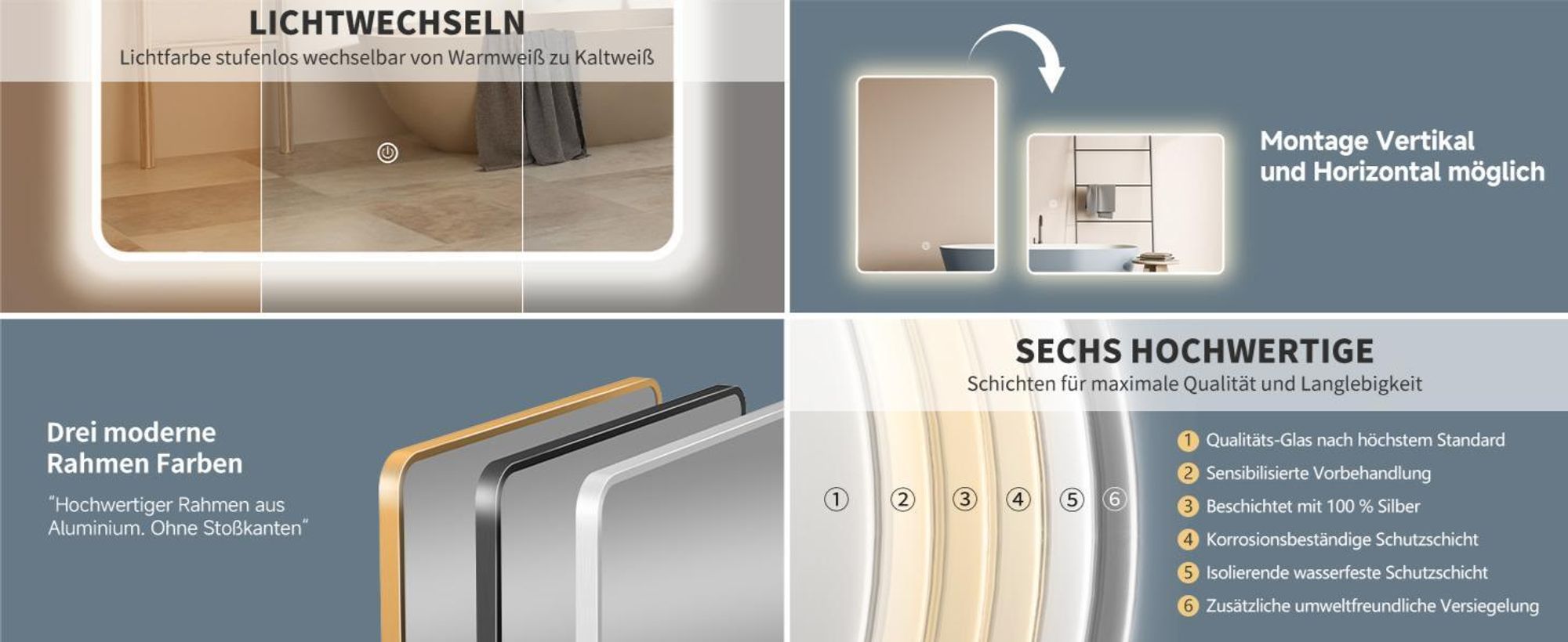 HOKO Badspiegel 70x100cm mit Rahmen+Touch Schalter+Licht Wechsel Warmweiß-Kaltweiß-Neutral Licht mit Touch Schalter und mit Wandschalter einschaltbar