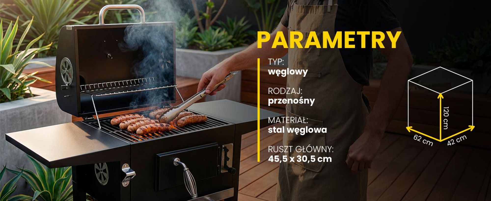 Wygodny przenośny grill węglowy na kółkach z pokrywą i żeliwnym rusztem i termometrem