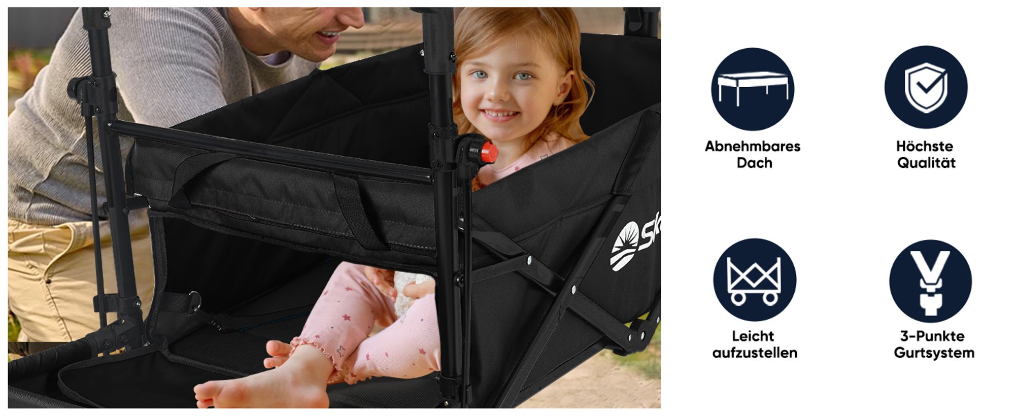 Sekey Bollerwagen Faltbar mit Dach und Sitz, Bollerwagen für 2 Kinder, mit 3-Punkt Gurtsystem, Schwarz