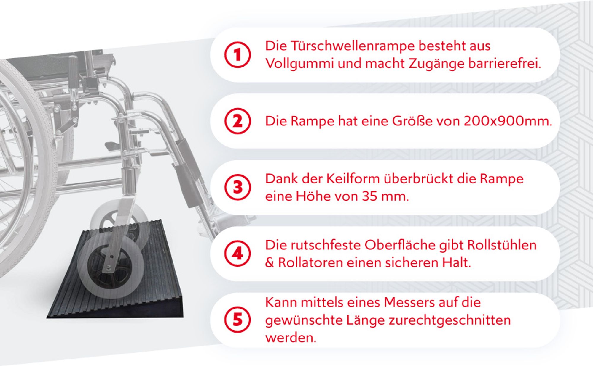Wiltec Türschwellenrampe 900x200x35 mm für Rollstuhl & Rollator, schwarz, Rollstuhlrampe aus Vollgummi, rutschfeste Oberfläche, Bordsteinrampe kürzbar