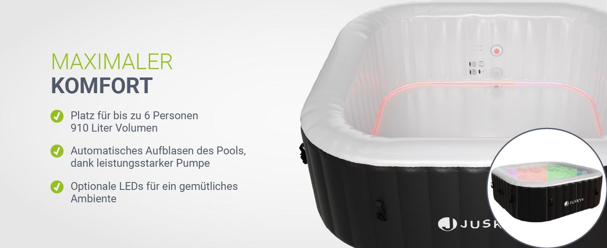 Juskys® Whirlpool SpaLuxe inkl. LED-Beleuchtung Schwarz/Weiß - 3000W, 130 Düsen, aufblasbar