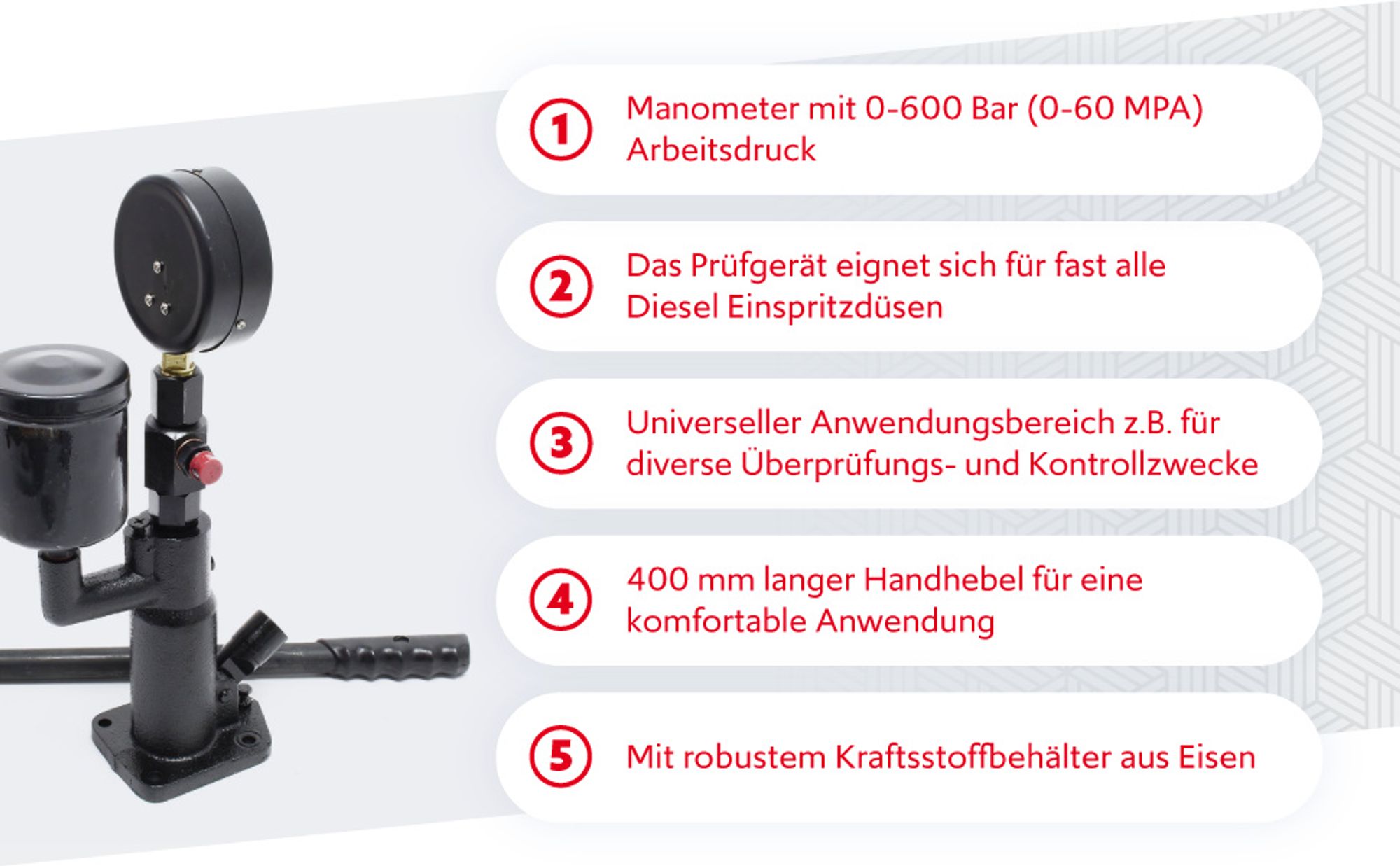 Wiltec Diesel Einspritzdüsen Tester 160 x 100 x 380 mm mit Manometer 0-600 bar Druck, Injektor Prüfgerät mit Handhebel für verschiedene Tests und Prüfungen