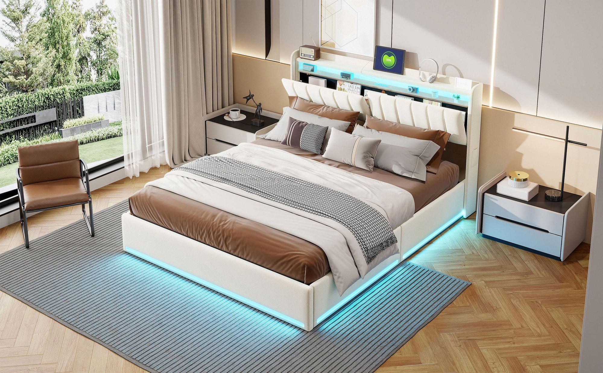 INONEFT Boxspringbett 140×190 mit LED &USB ,Polsterbett mit Stauraum,Hydraulisches Doppelbett, Samt, Beige.