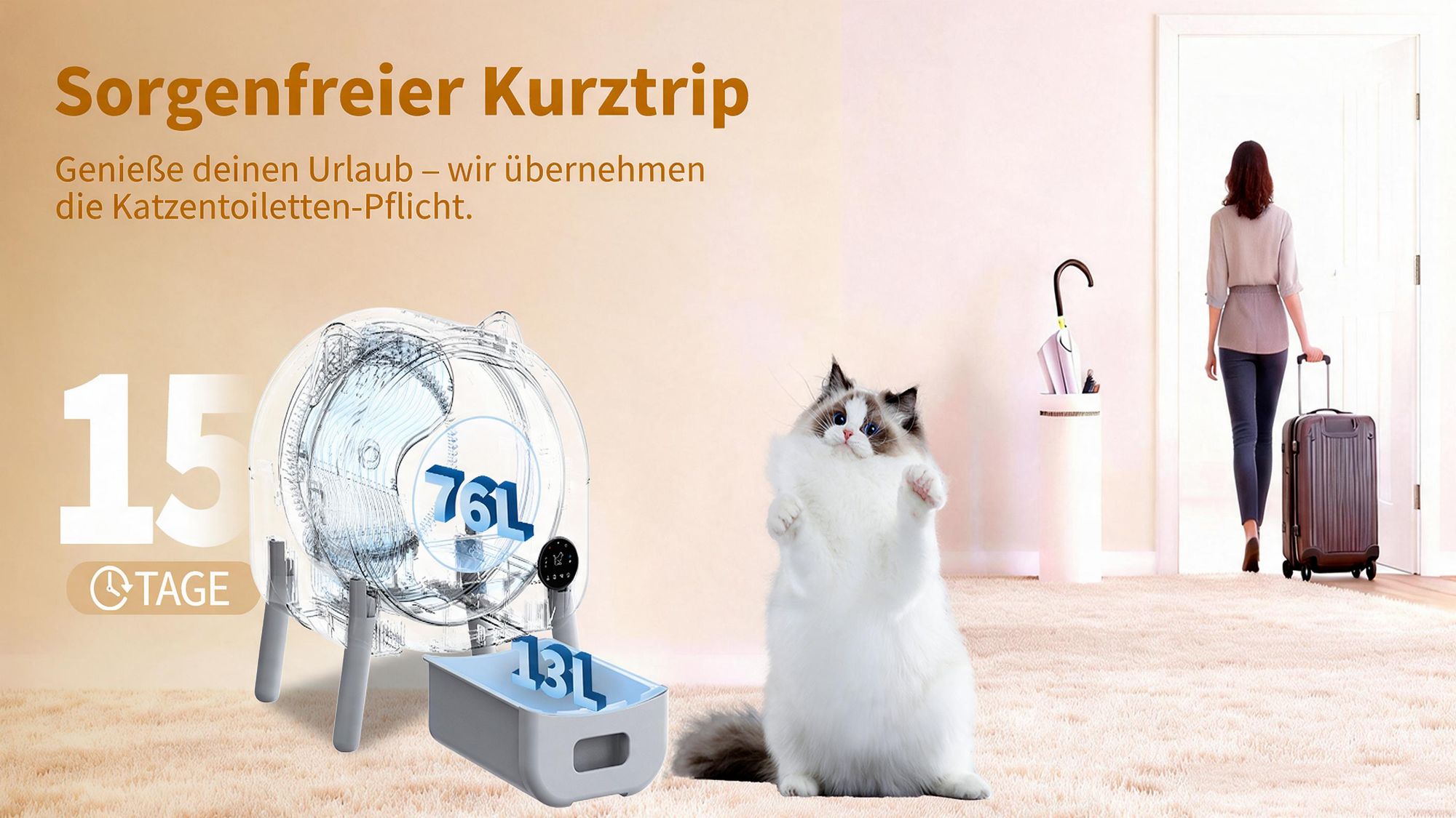 Selbstreinigende Katzentoilette 76L XXL Katzenklo mit App-Steuerung, für mehrere Katzen, 8-fach Anti-Klemm-Sensoren, geruchsarm, leise, LED-Nachtlicht