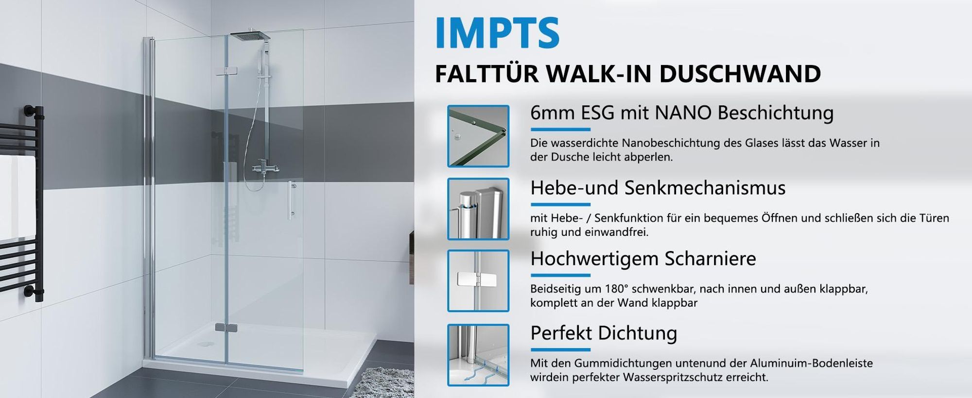 IMPTS Duschwand 90 x 195 cm Walk in Dusche Falttür Schwingtür Duschkabine 6 mm NANO Glas Duschabtrennung ESG Echtglas Glaswand Höhe 195 cm