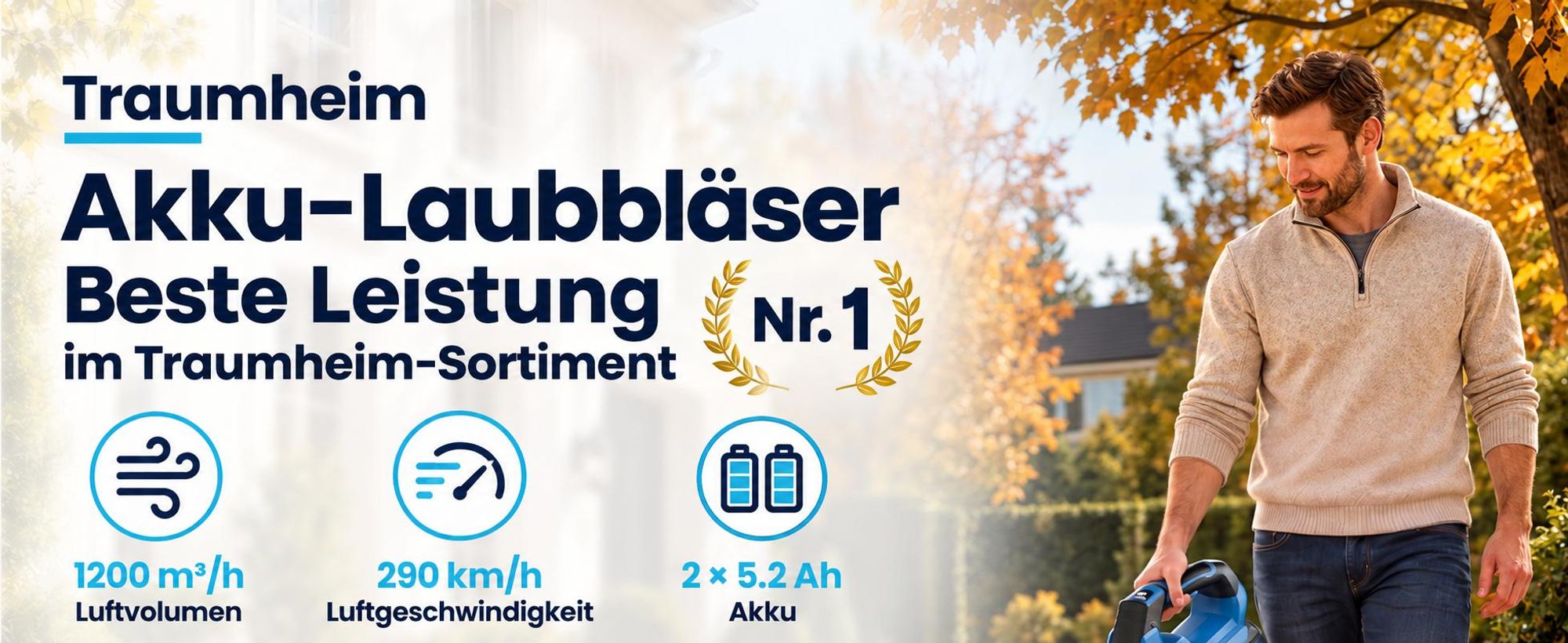Akku Laubbläser, Akku laubsauger mit 2 x 5,2 Ah Akkus und Ladegerät, bis 290 km/h, 1200 m³/h, 3 Stufen, Schultergurt, für Garten und Terrasse
