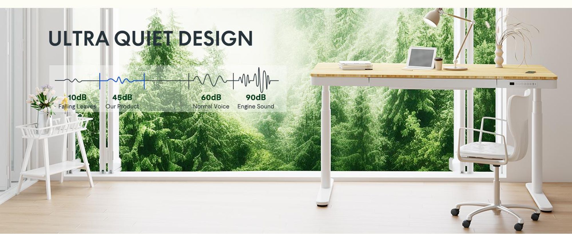 FLEXISPOT Q8 Höhenverstellbarer Schreibtisch mit kabellosem Laden, Schublade & Kabelmanagement, elektrisch mit Dual-Motor 140x70cm, Weiß, Bambus