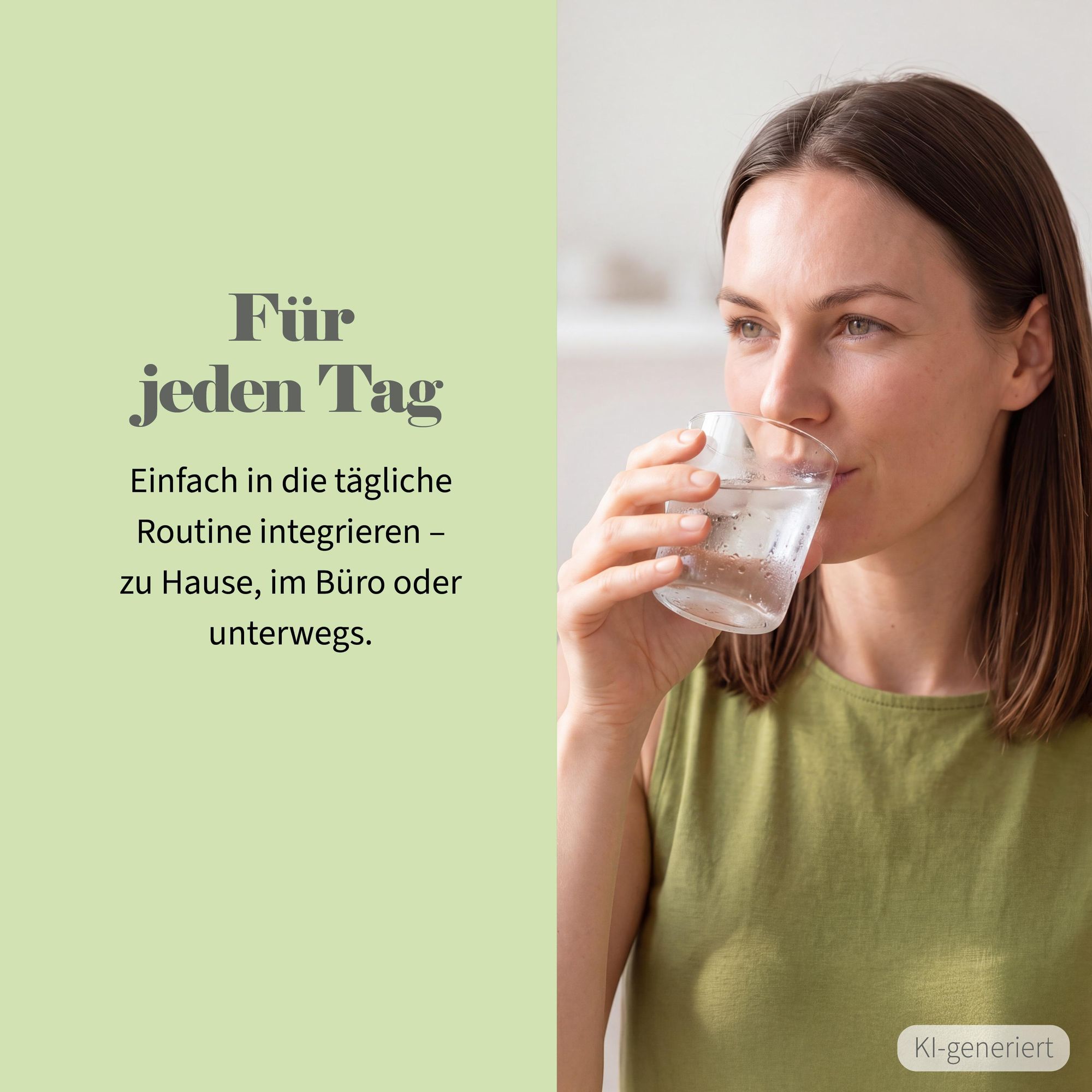 Frau trinkt Wasserglas, Vitamin C Pulver für die tägliche Routine