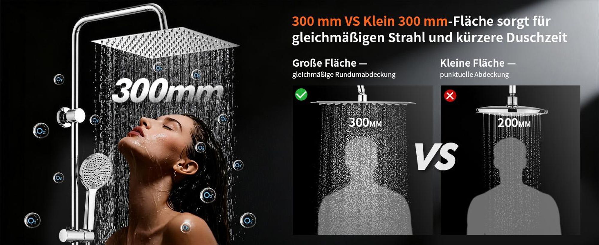 Homelody Duschsystem ohne Armatur, Duschset Duschsäule mit SUS304 Edelstahl Duschablage 30cm kopfbrause & Handbrause Quadratisch 3 Strahlarten Chrom
