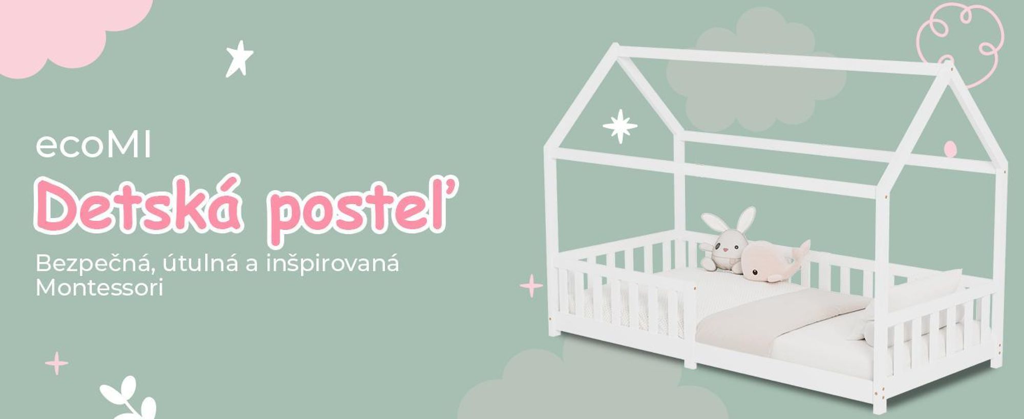 Detská posteľ 90×200 s ochrannou zábranou a roštom, domčeková posteľ – detská posteľ 90×200 pre deti – domčeková detská posteľ 90×200 biela