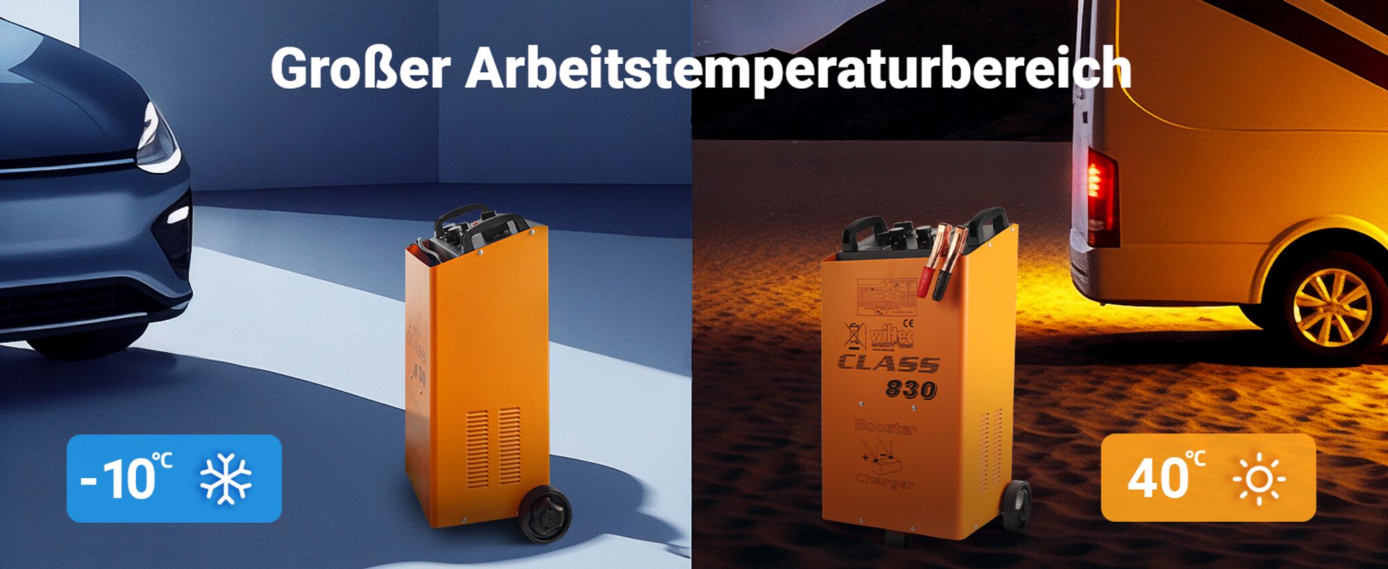 Wiltec Batterieladegerät Booster Class CD 830 12-24 V, mobiles Ladegerät mit Starthilfe für Auto, Motorrad und Lkw, Akkuladegerät mit Schnellladung