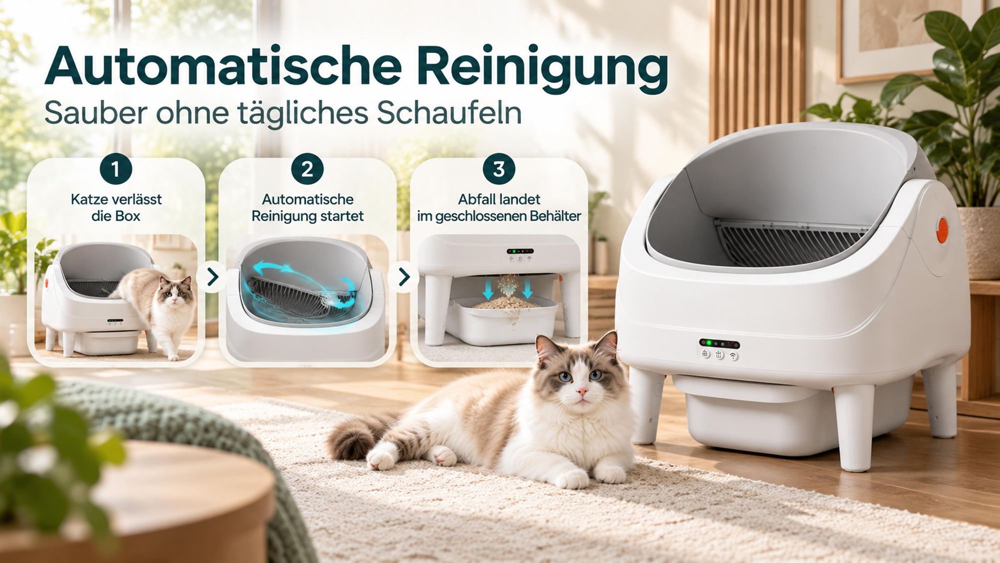 70L Selbstreinigende Katzentoilette, App & 8 Sensoren, Geruchskontrolle, leise, offen, für Mehrkatzen, 1,5-20kg, 14L Abfallbehälter