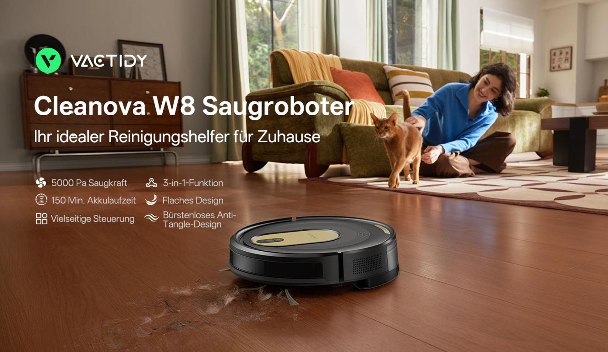 Vactidy W8 Nass-Trocken-Saugroboter, 5000Pa/150 min/mit Wischfunktion