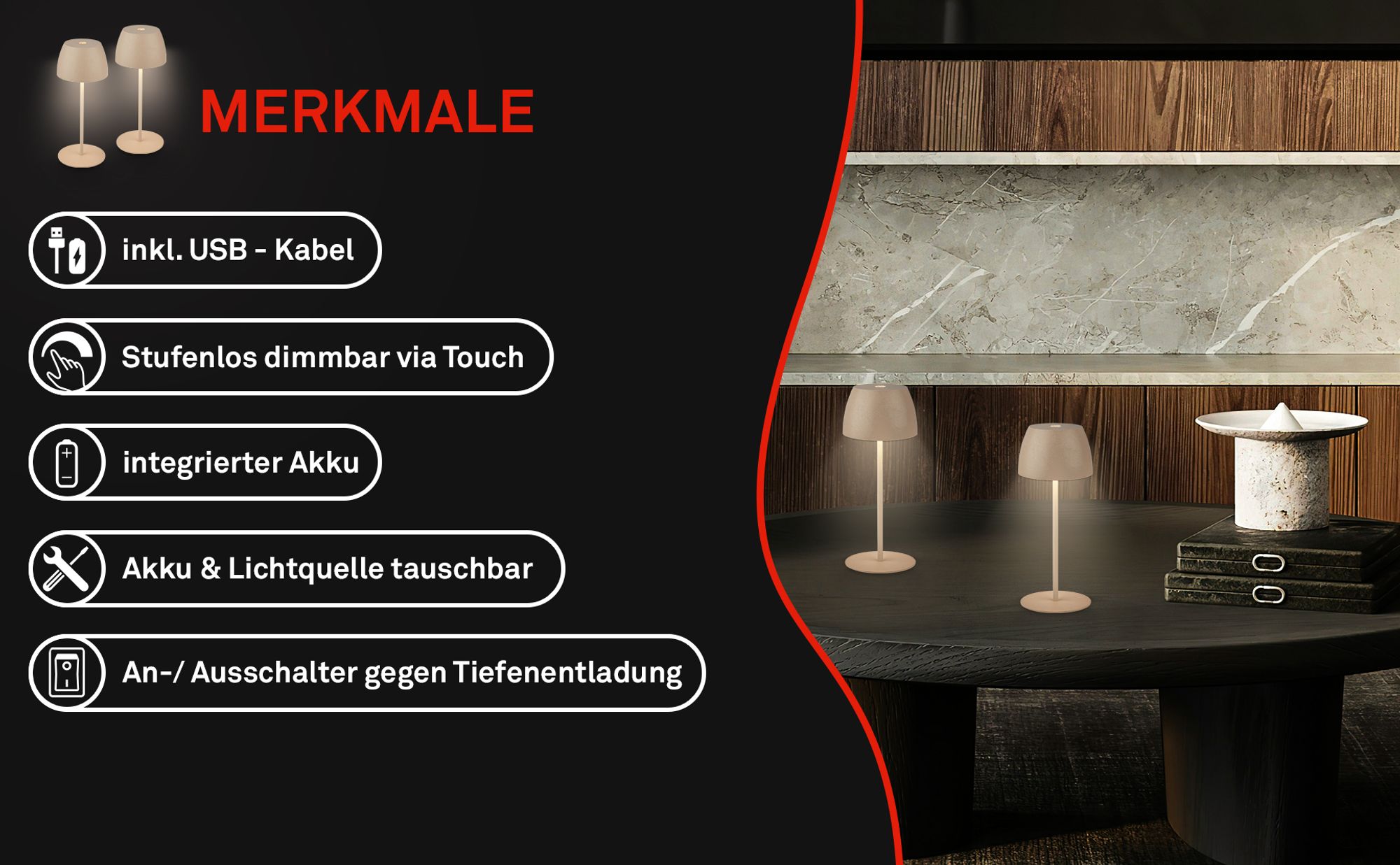 Briloner Serina 2er Set Mini LED Tischlampe kabellos IP44, Dimmbar, Touch, Spritzwasserschutz, akku, Beige, Ø8 x 20 cm