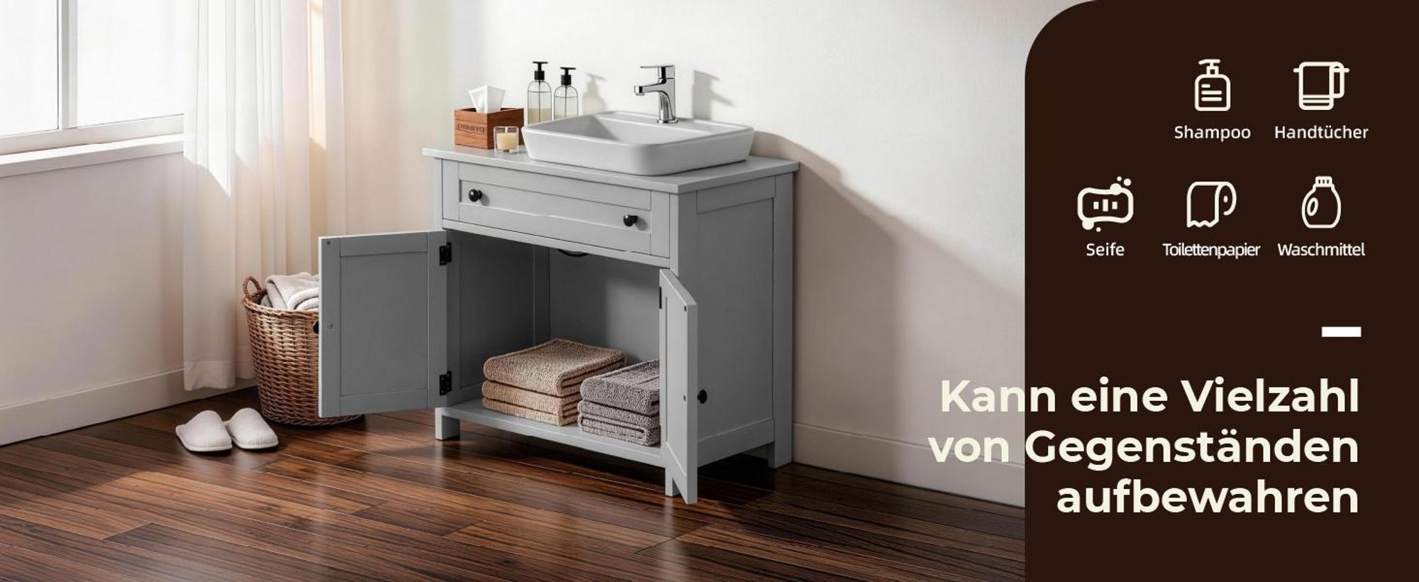 FCH Waschbeckenunterschrank mit große Schubladen, 2 Tür, Badezimmerschrank, 60x30x60 cm, Grau