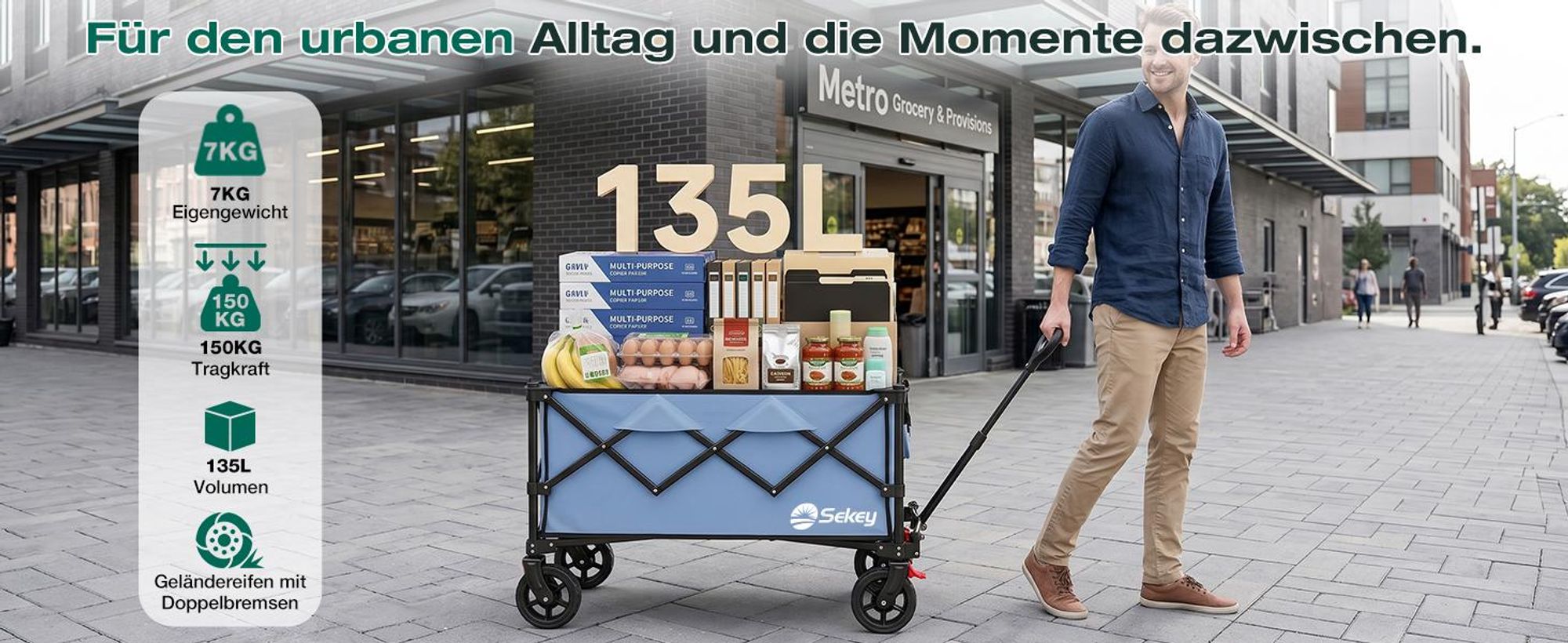 Sekey Bollerwagen faltbar 150 kg mit Bremsen, klappbarer Handwagen für Garten und Ausflug, Blau