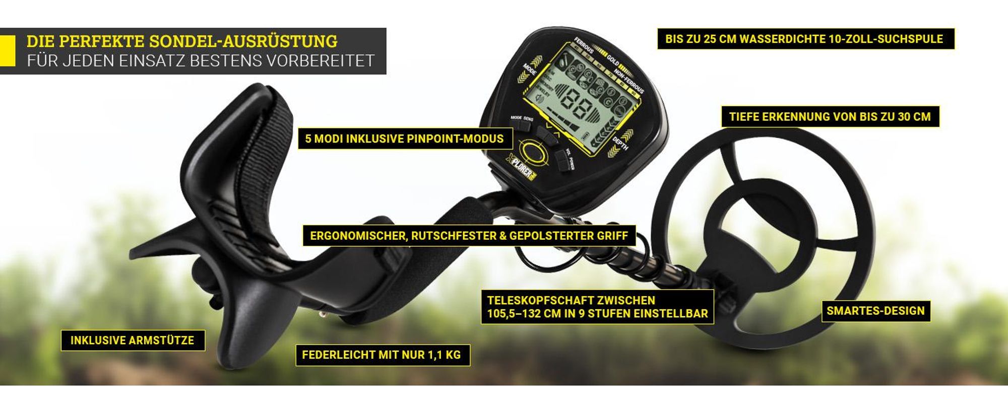Craftfull Metalldetektor Xplorer Pro | Komplettset - Bis 30 cm Tiefe  - LCD Display - Pinpoint Modus - Wasserdicht - Kopfhörer - 5 verschiedene Modi