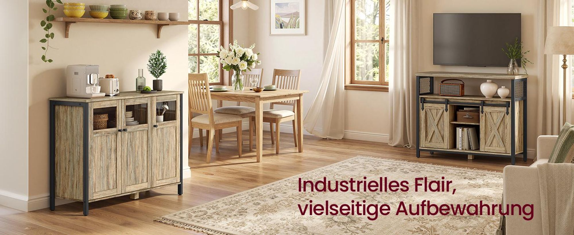 VASAGLE Sideboard, 100 x 35 x 75 cm, verstellbaren Ablage, mit Glastüren