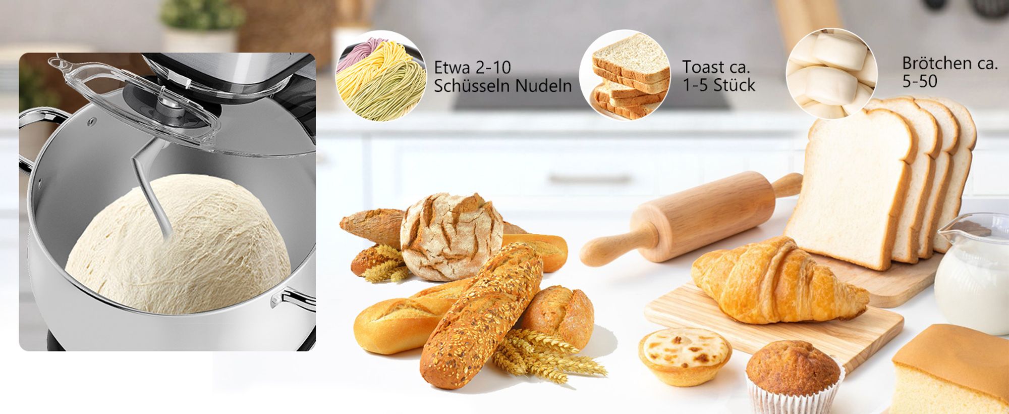 HOMELUX 2500W Küchenmaschine Multifunktional Knetmaschine, 12L Knetmaschine inkl 4-Teiligem Patisserie-Set und Spritzschutz, 12 Geschwindigkeit